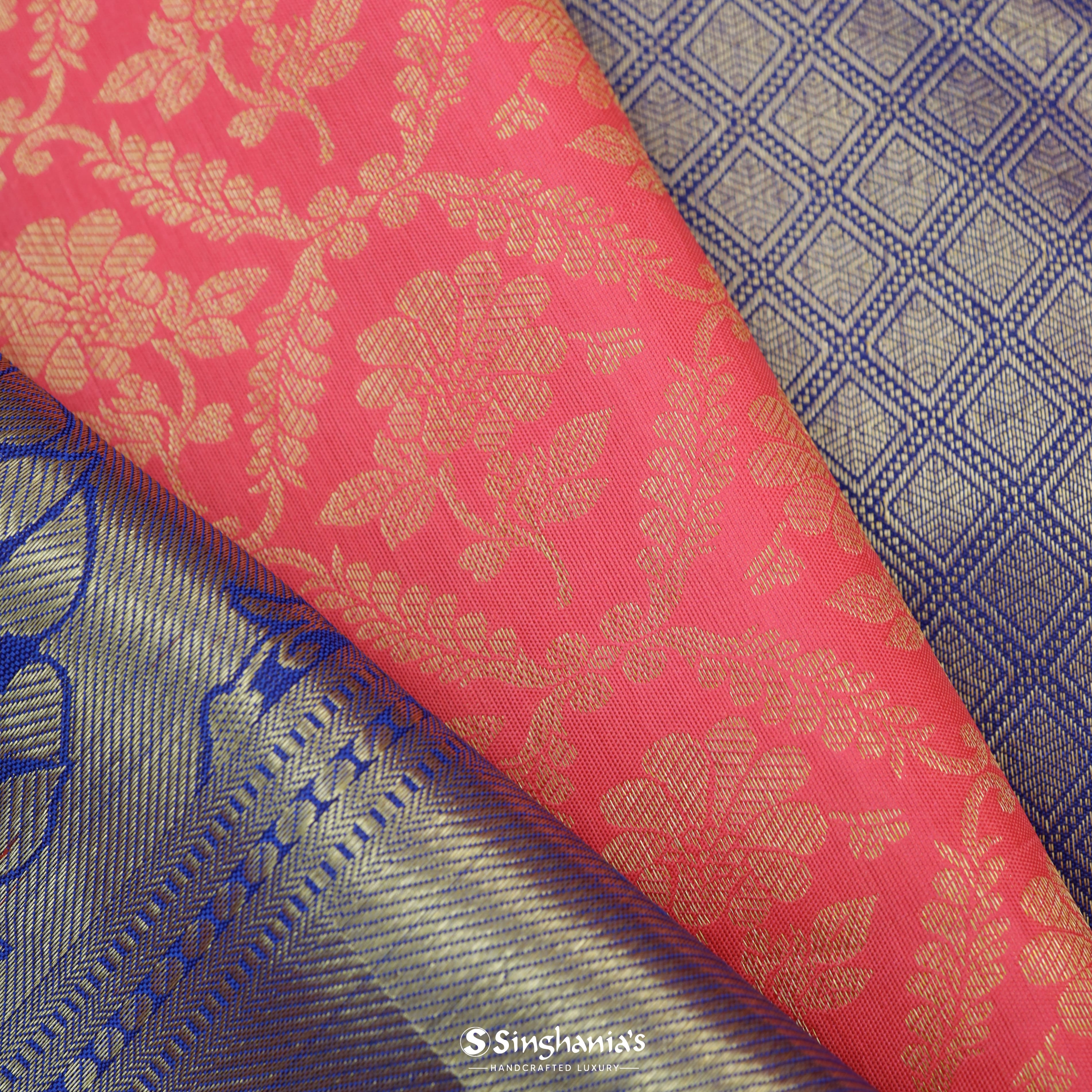 Brink Pink Silk Kanjivaram Saree With Floral Pattern