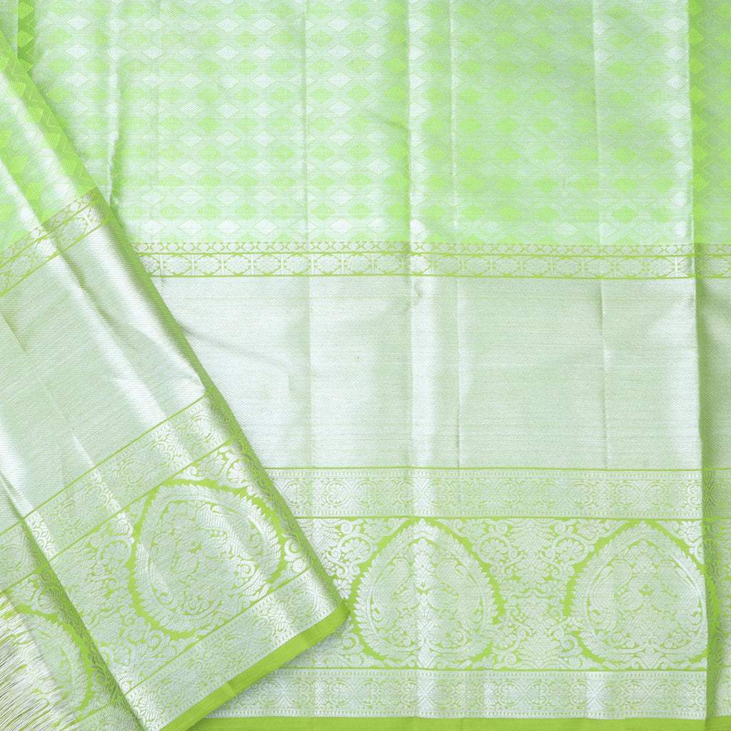 Light Green Tissue Kanjivaram Silk Handloom Saree With Floral Motifs. - Singhania's