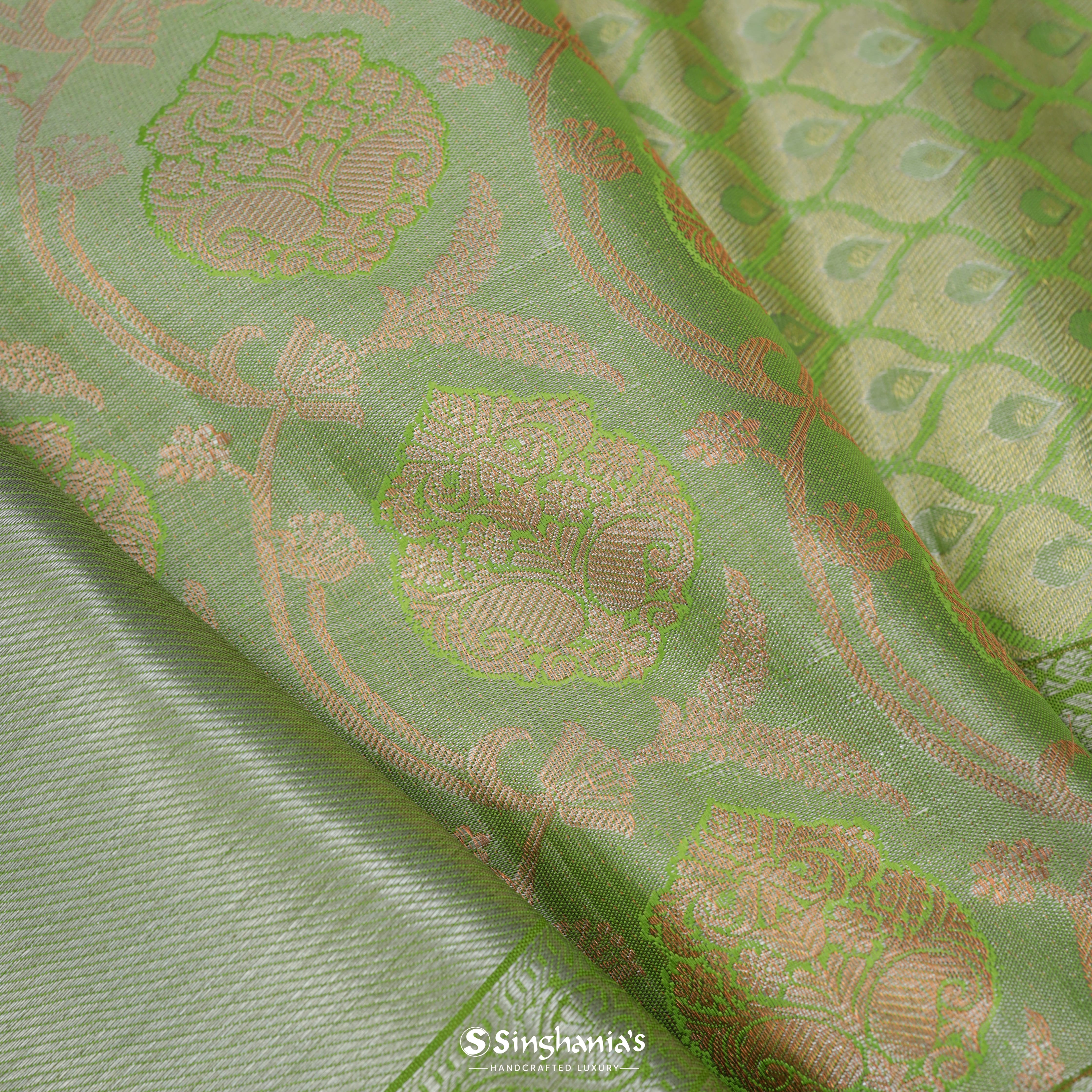 Pastel Green Silk Kanjivaram Saree With Floral Creeper Pattern