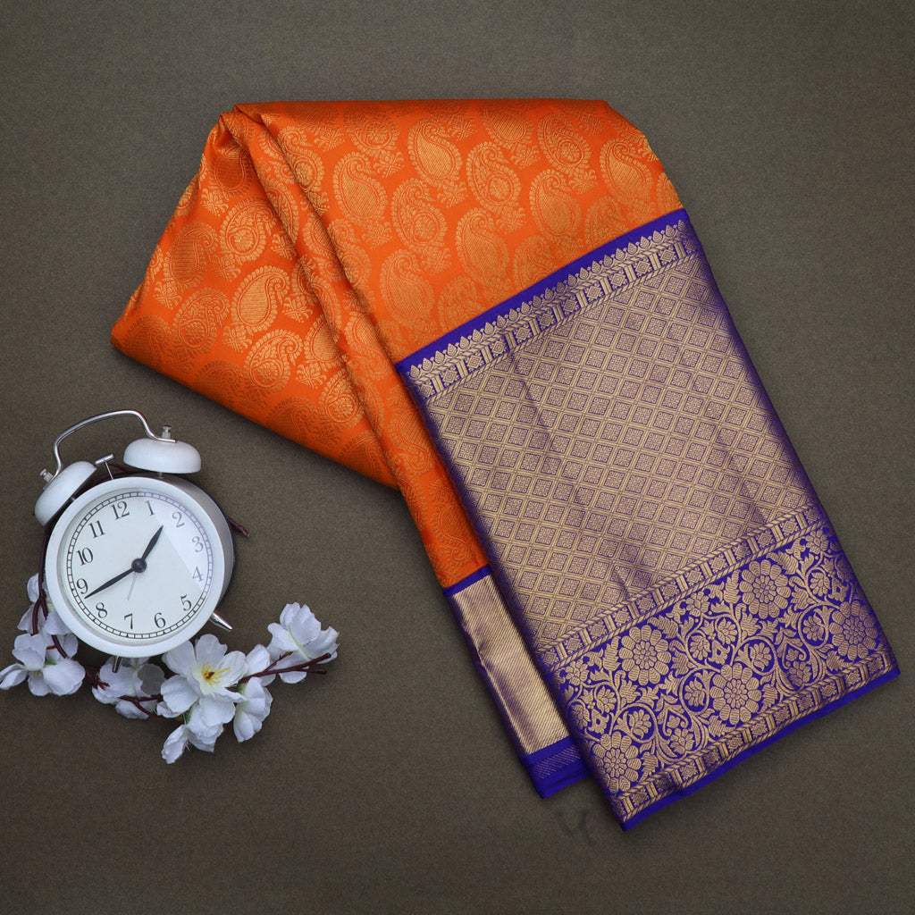 Dark Fire Orange Kanjivaram Silk Handloom Saree - Singhania's
