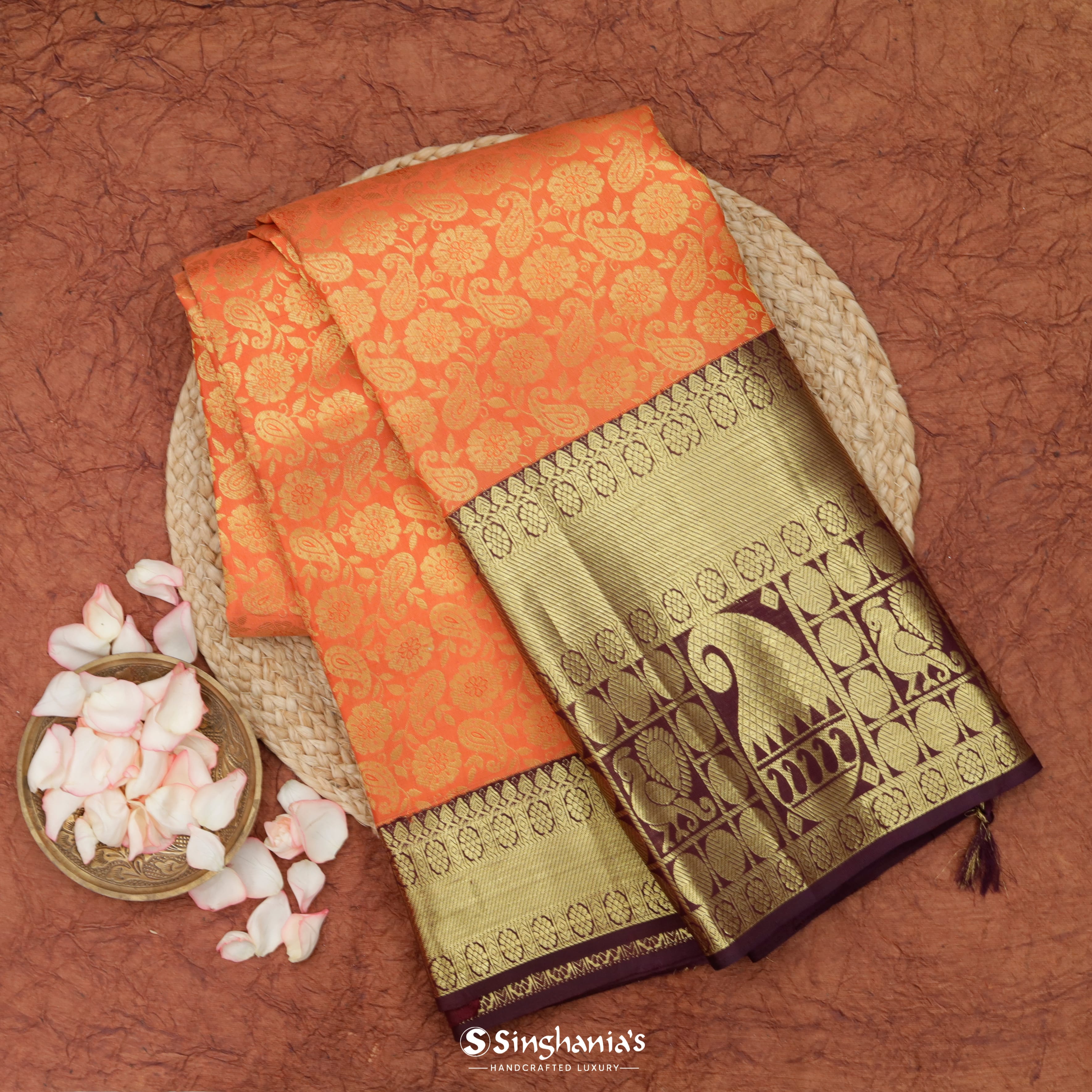 Tiger Orange Silk Kanjivaram Saree With Floral Jaal Pattern
