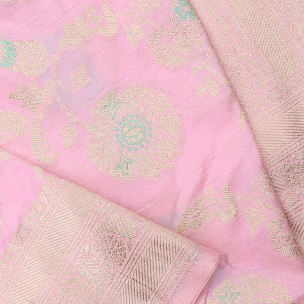 Light Pink Banarasi Silk Handloom Saree With Floral Buttas - Singhania's