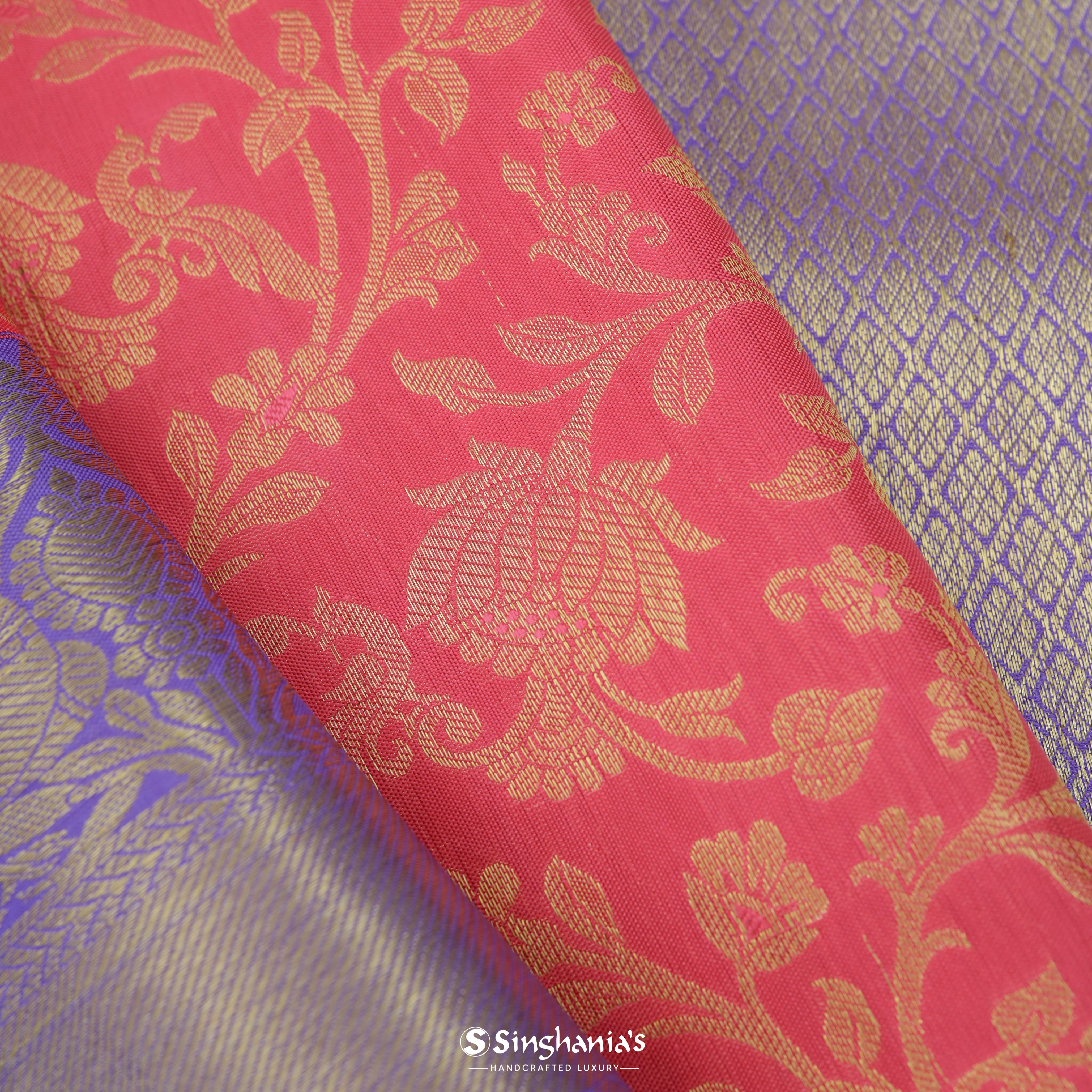 Brink Pink Silk Kanjivaram Saree With Floral Jaal Design