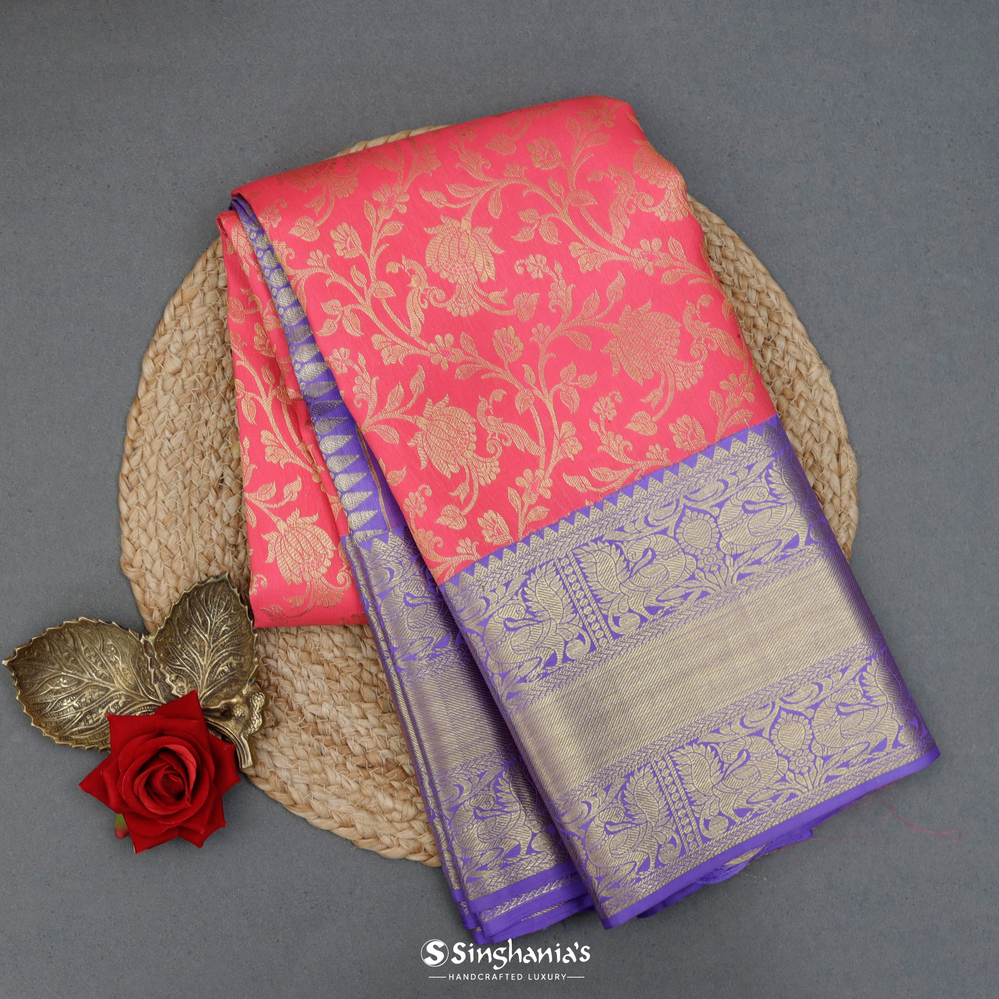 Brink Pink Silk Kanjivaram Saree With Floral Jaal Design