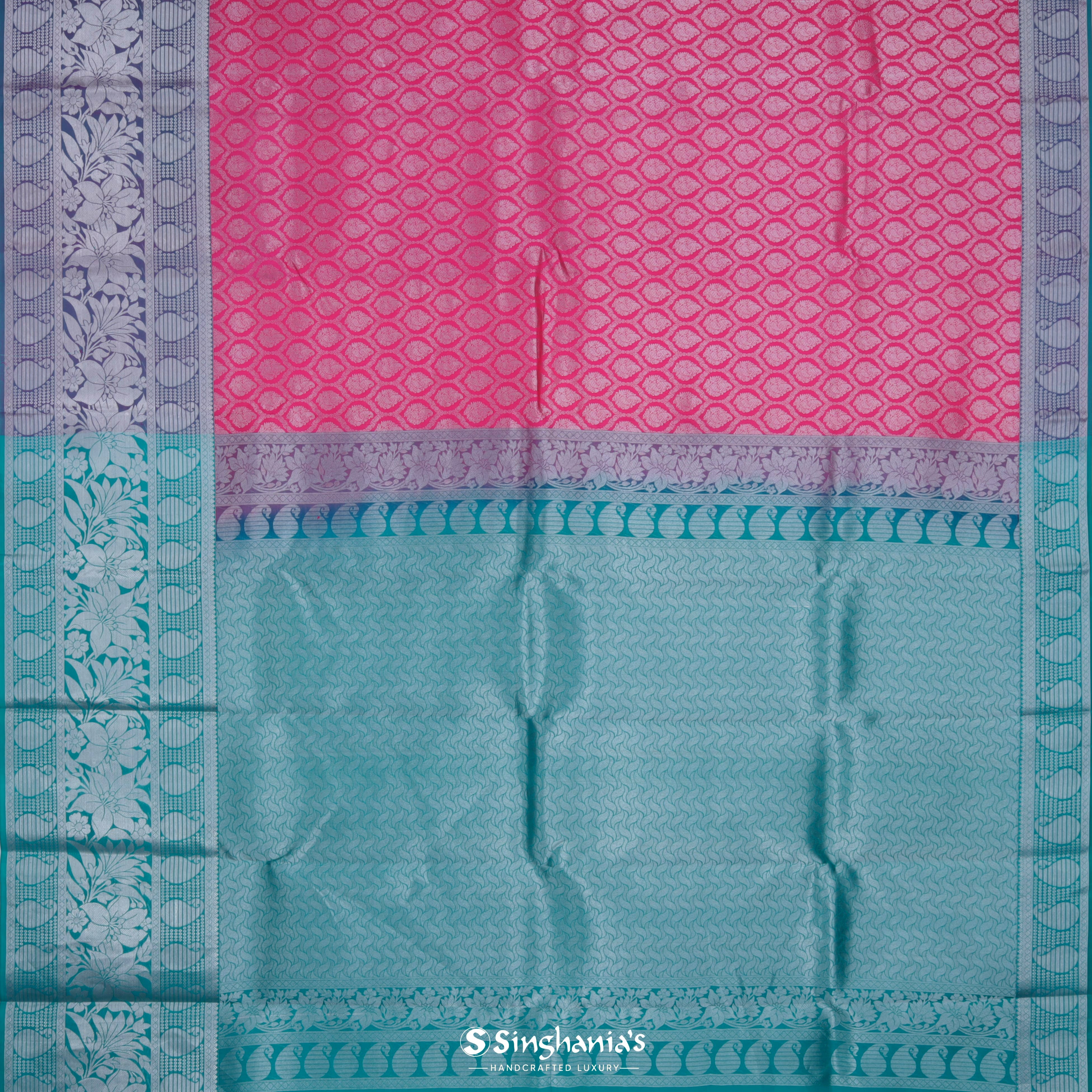 Hot Pink Silk Kanjivaram Saree With Floral Buttas