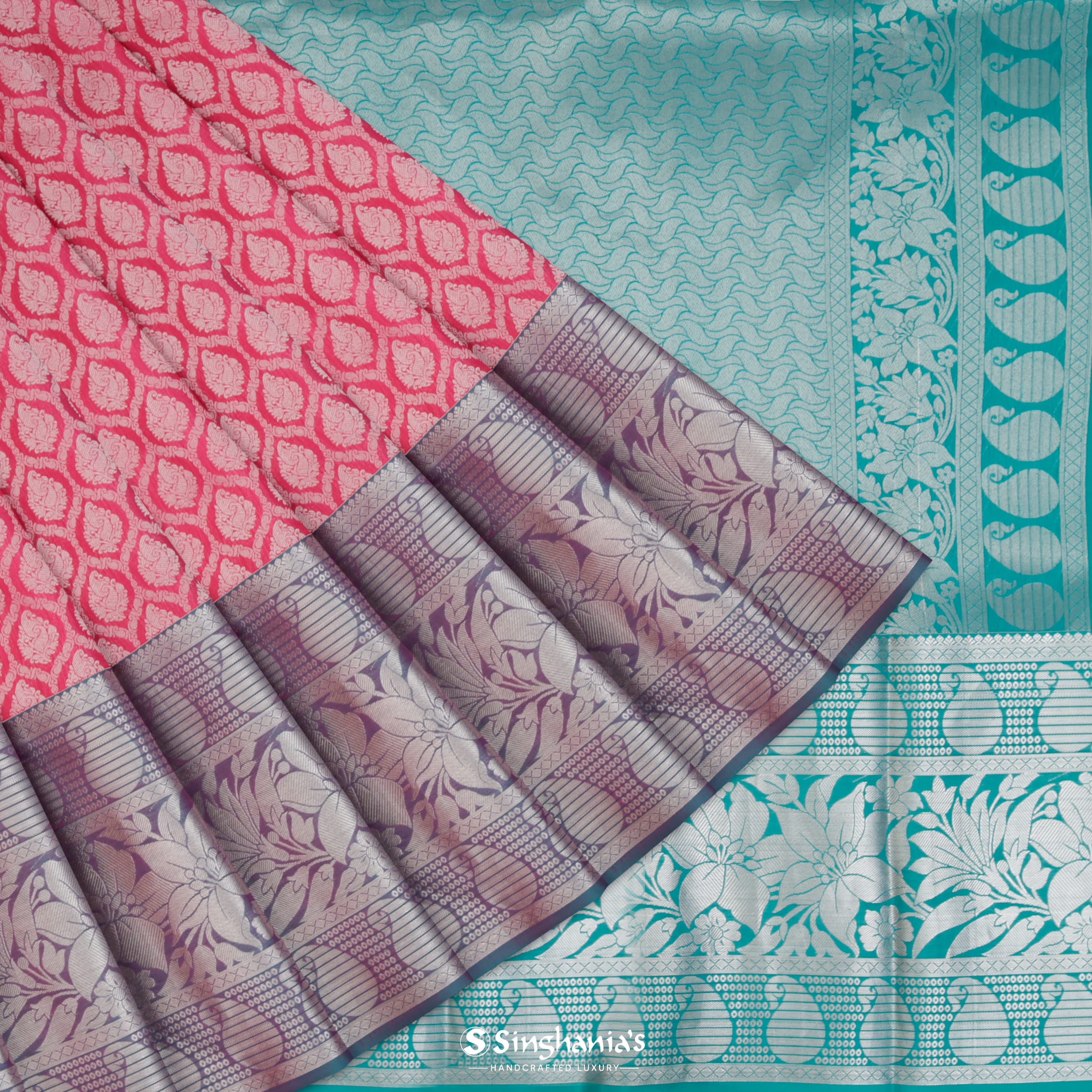 Hot Pink Silk Kanjivaram Saree With Floral Buttas