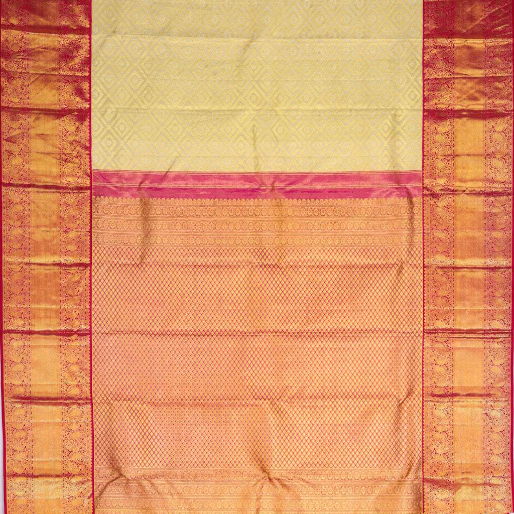 Pastel Yellow Korvai Kanjivaram Silk Handloom Saree With Bird Motifs - Singhania's