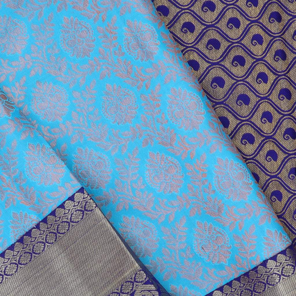 Sky Blue Kanjivaram Silk Handloom Saree With Floral Motifs - Singhania's