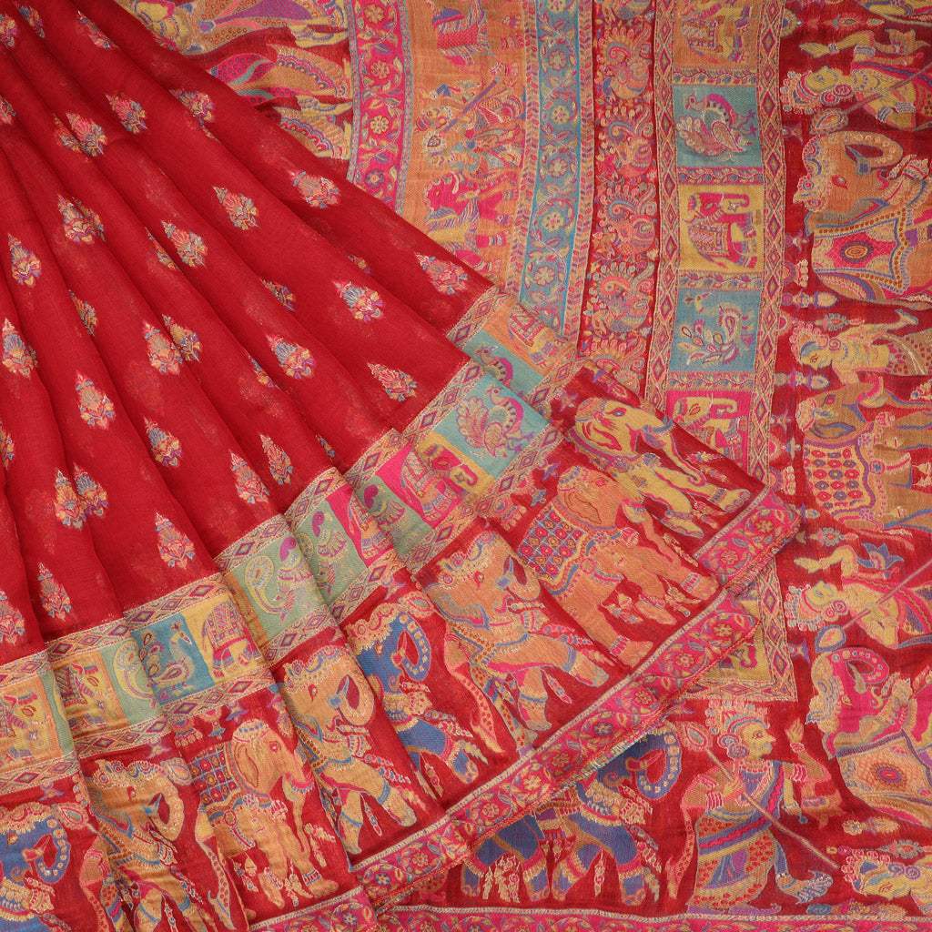 Bright Red Kani Silk Handloom Saree - Singhania's