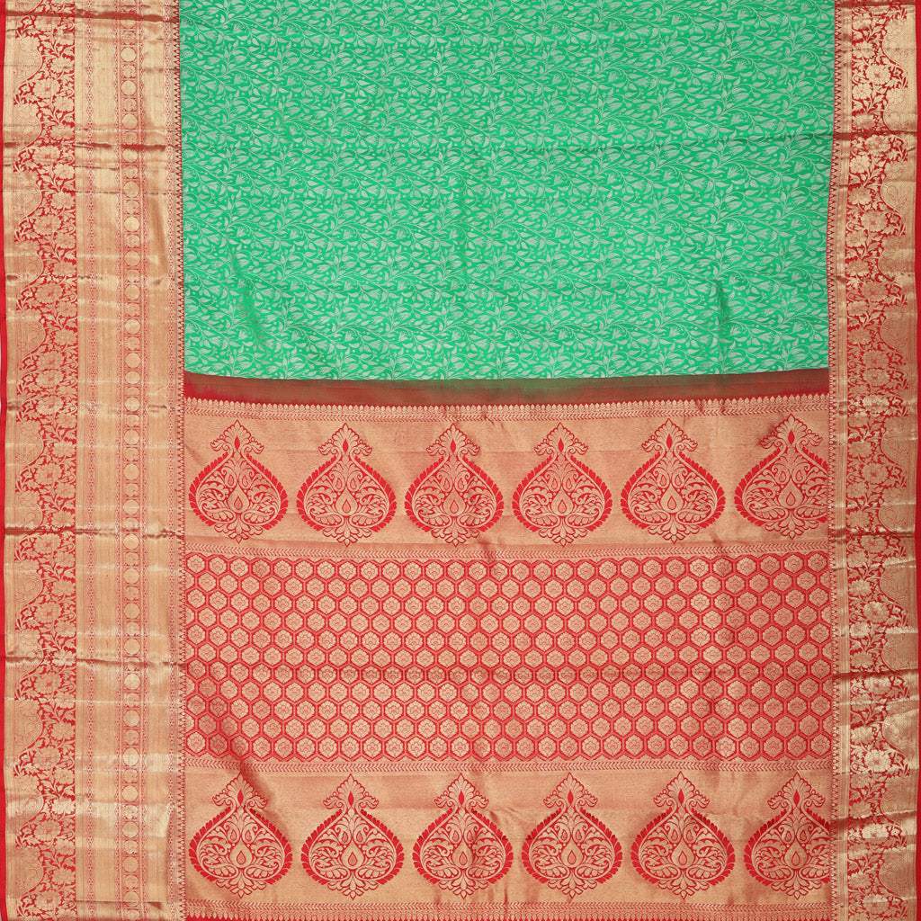 Green Korvai Kanjivaram Silk Handloom Saree With Floral Motifs - Singhania's