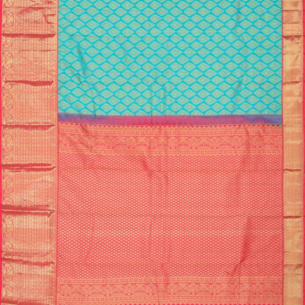 Cyan Blue Korvai Kanjivaram Silk Handloom Saree With Floral Buttas - Singhania's