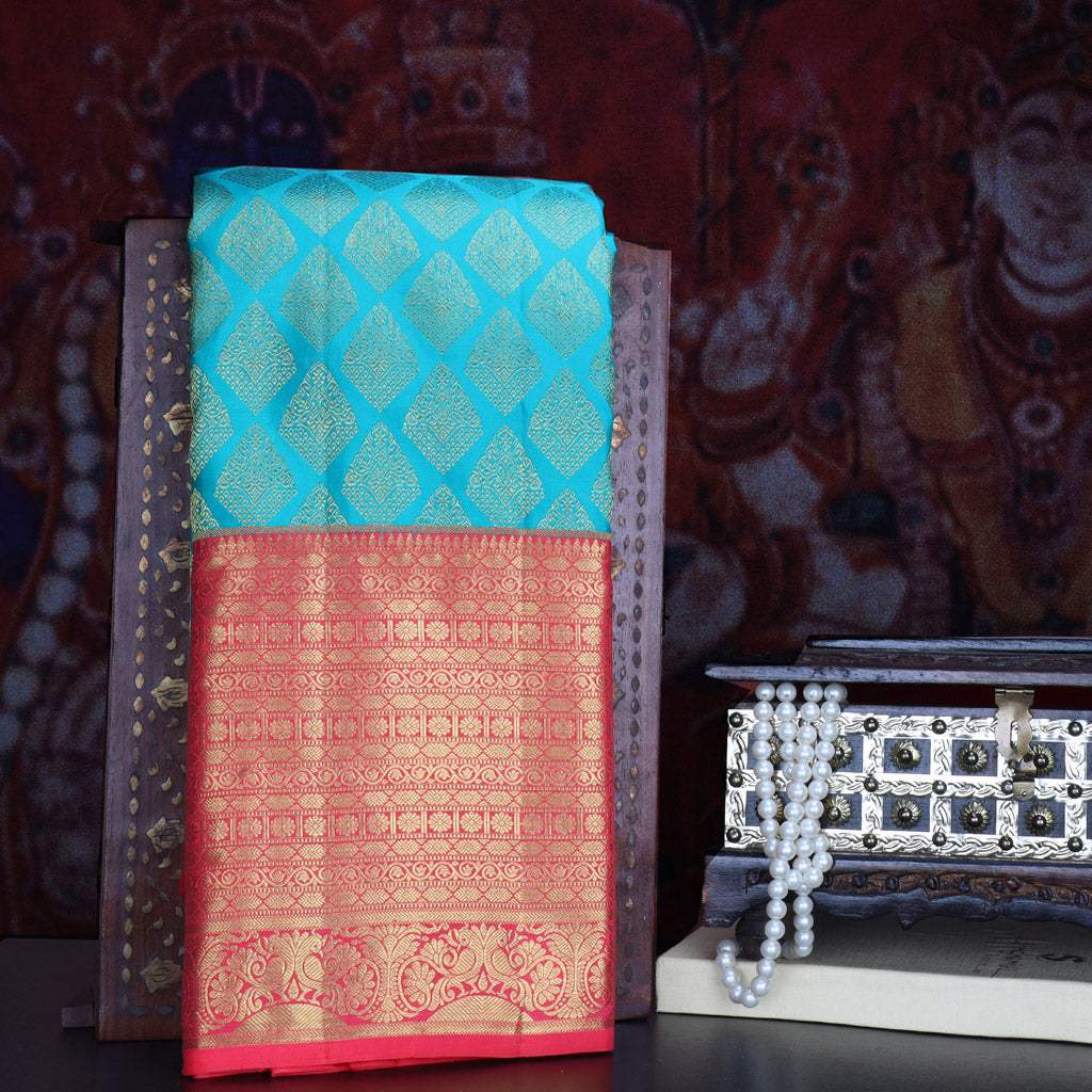 Cyan Blue Korvai Kanjivaram Silk Handloom Saree With Floral Buttas - Singhania's