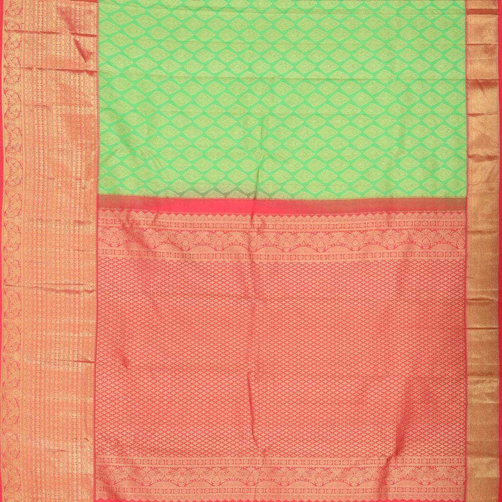 Light Green Korvai Kanjivaram Silk Handloom Saree With Floral Buttas - Singhania's