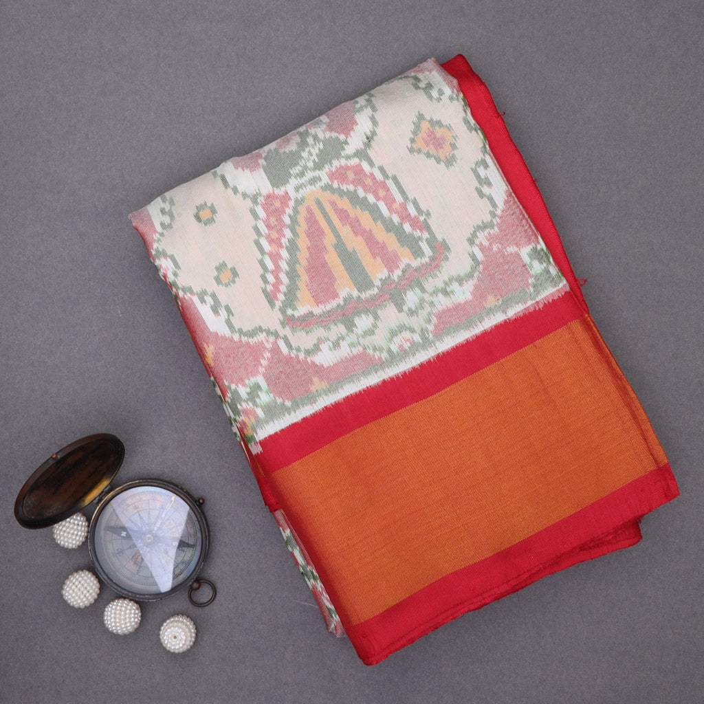 Chalk White Patola Silk Handloom Saree - Singhania's
