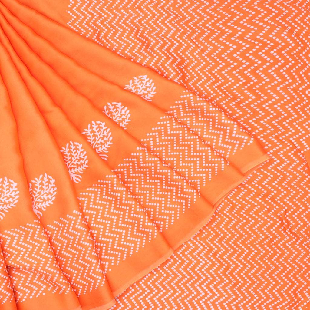 Tangerine Orange Printed Satin Silk Saree - Singhania's