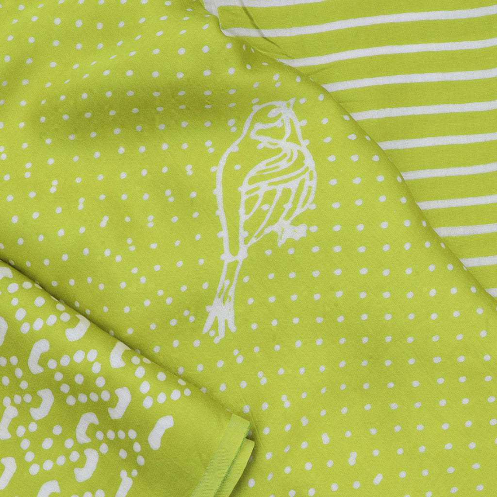 Lime Green Satin Silk Handloom Saree With Bird Motifs - Singhania's