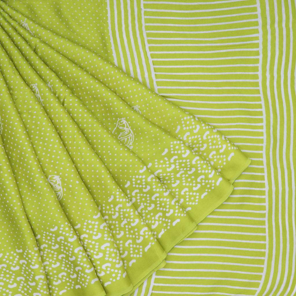 Lime Green Satin Silk Handloom Saree With Bird Motifs - Singhania's