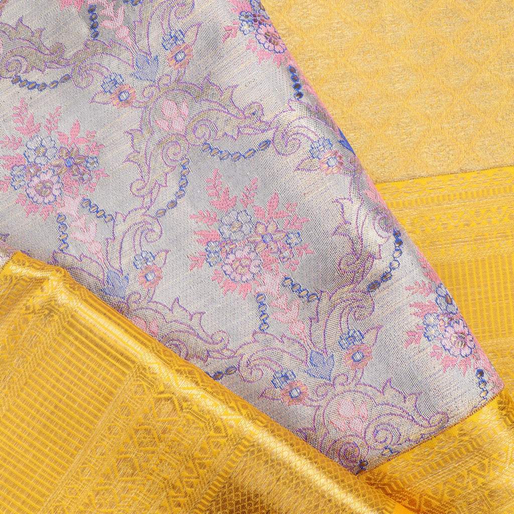 Silver Tissue Kanjivaram Silk Saree With Floral Jaal Design - Singhania's