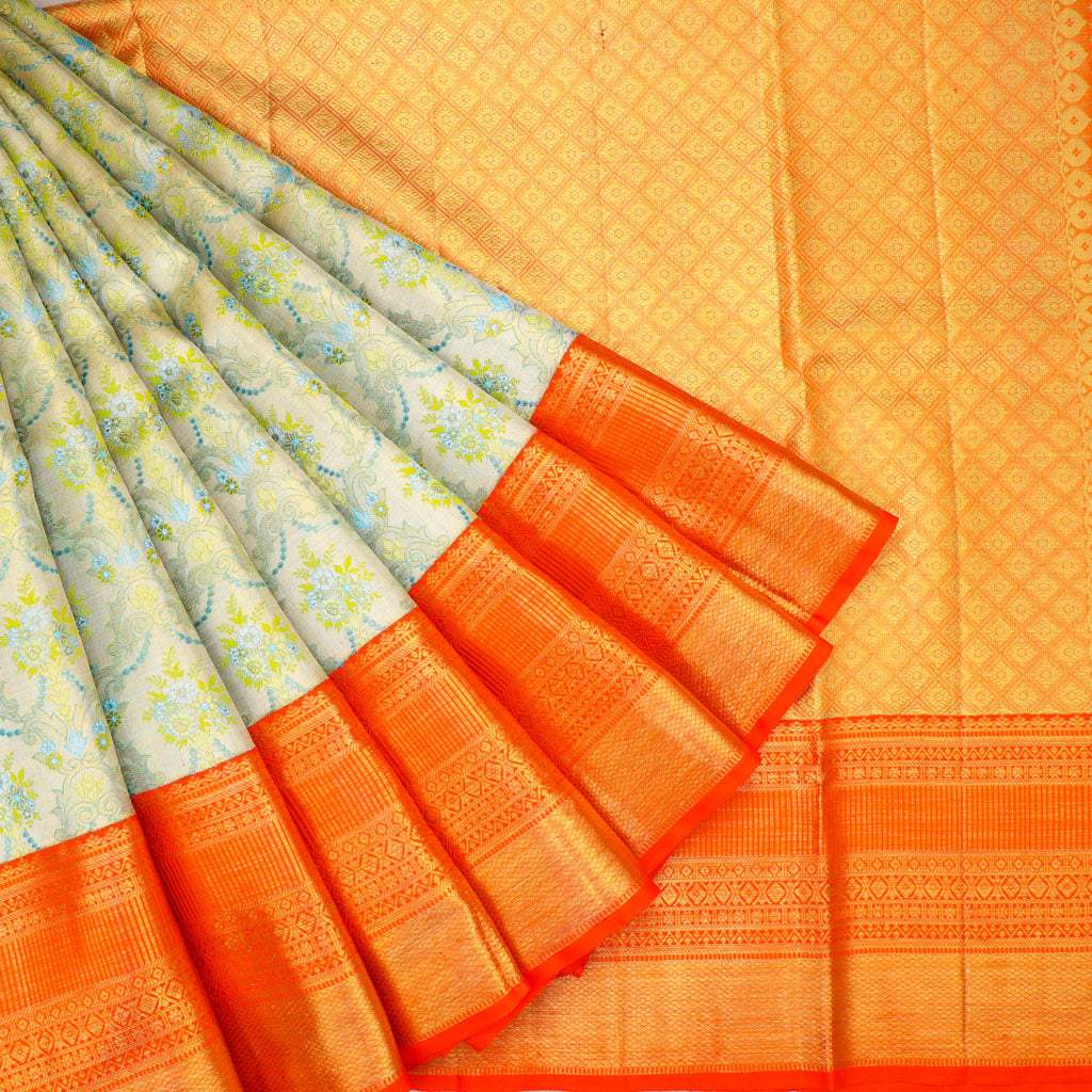 Pastel Pista Green Tissue Korvai Kanjivaram Silk Handloom Saree - Singhania's