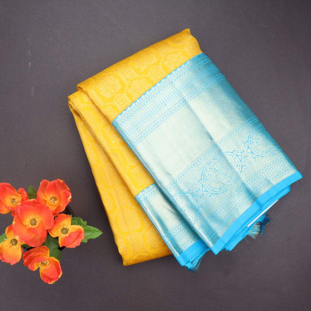 Sunshine Yellow Kanjivaram Silk Saree With Floral Buttas - Singhania's