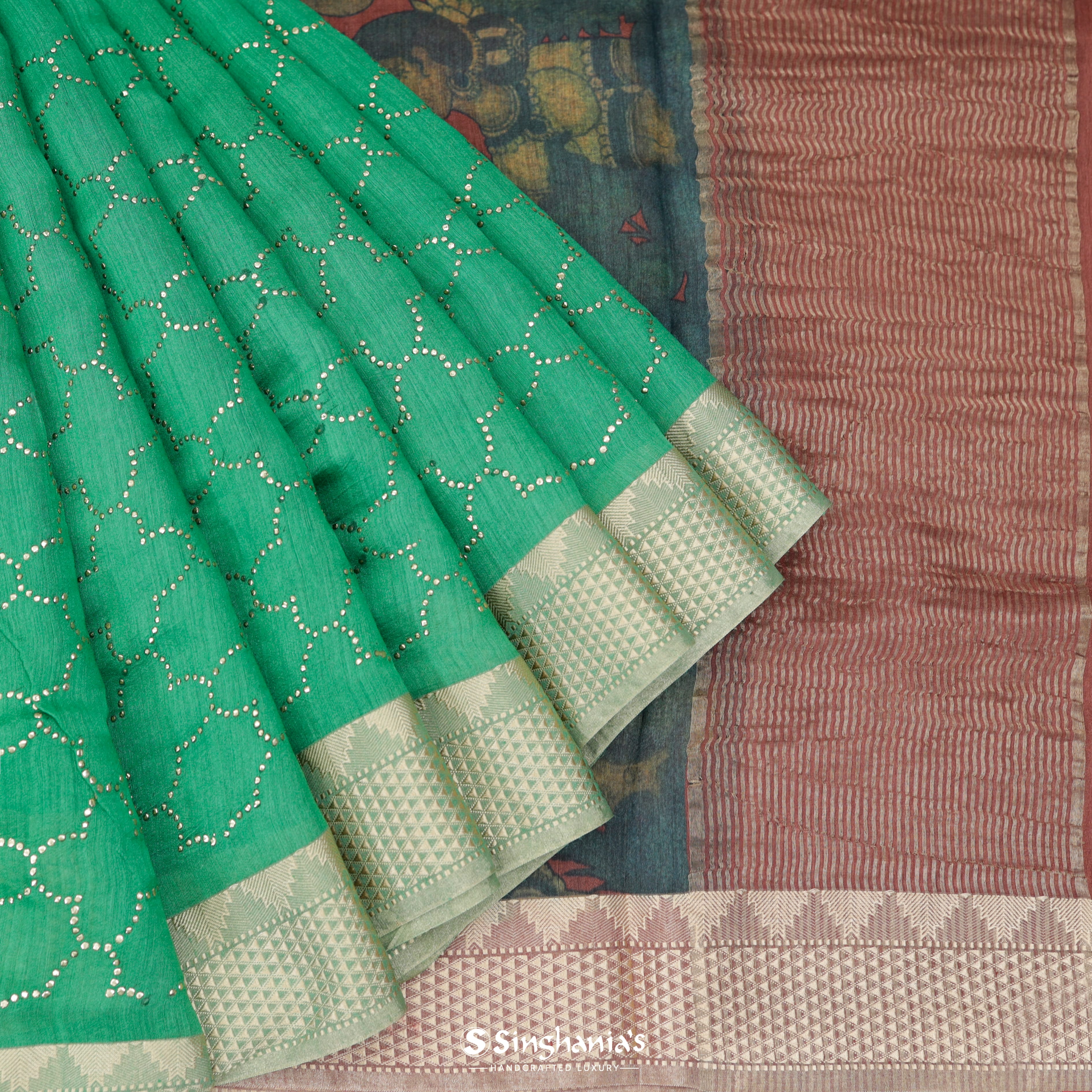 Jade Green Moonga Mukaish Silk Saree With Jaal Design