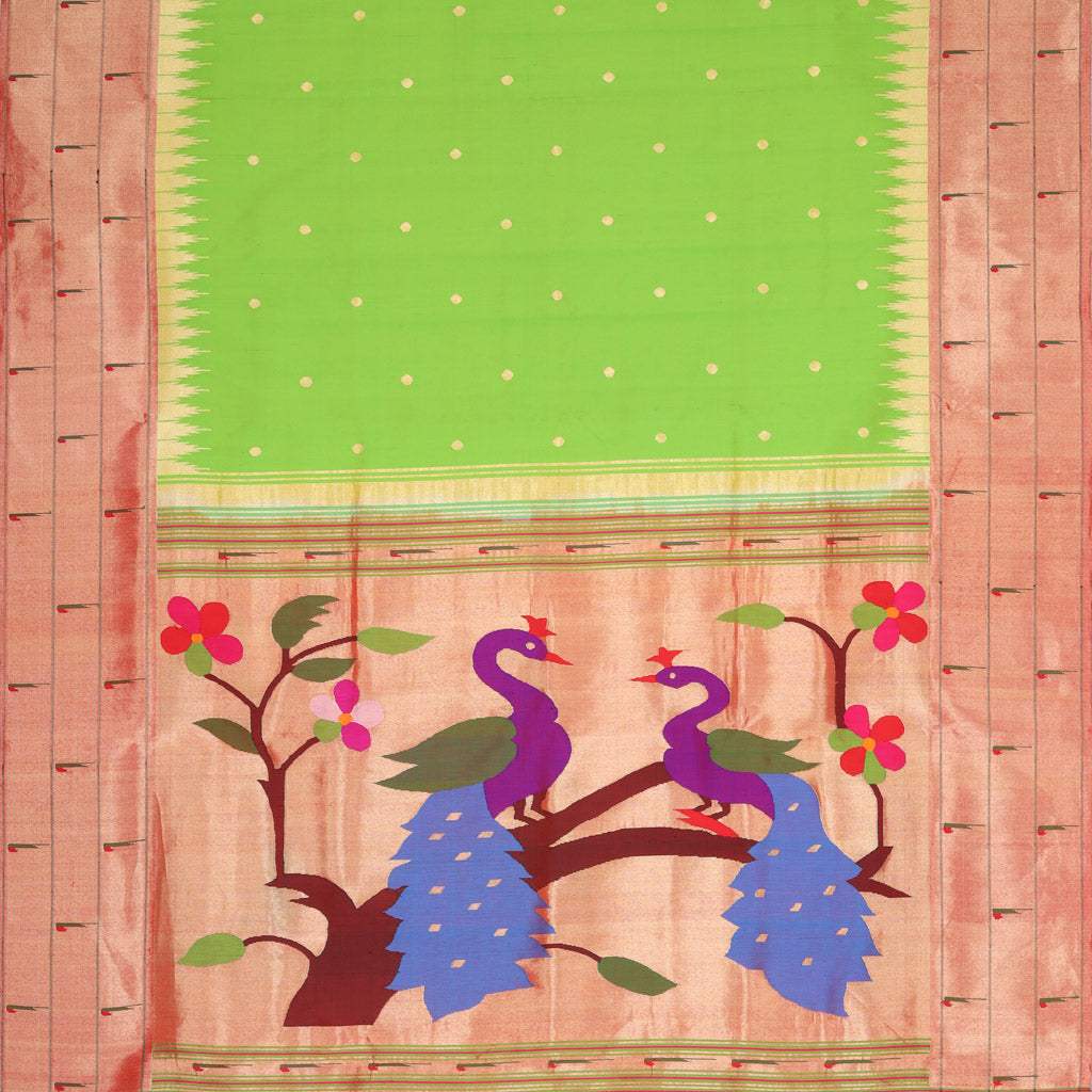Light Lime Green Paithani Silk Handloom Saree With Polka Dots - Singhania's