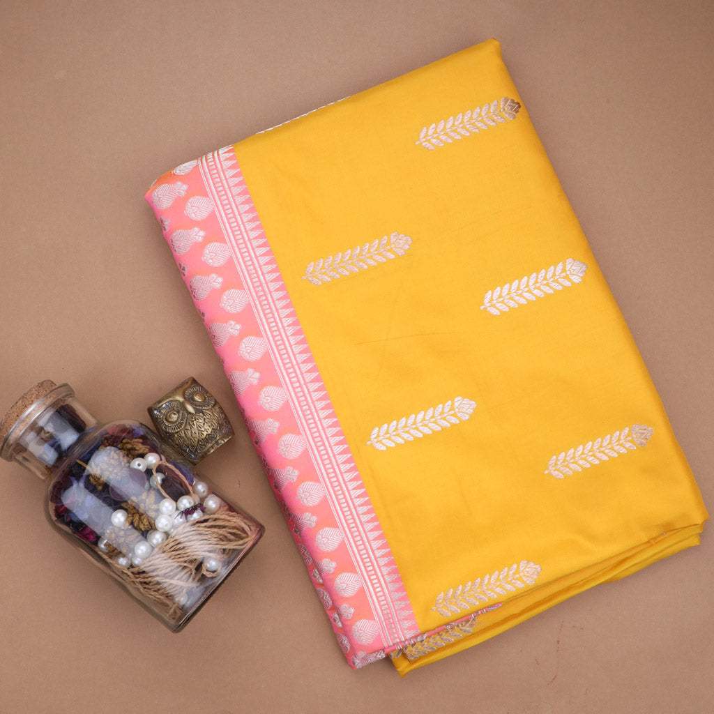 Turmeric Yellow Banarasi Silk Handloom Saree With Fern Motifs - Singhania's