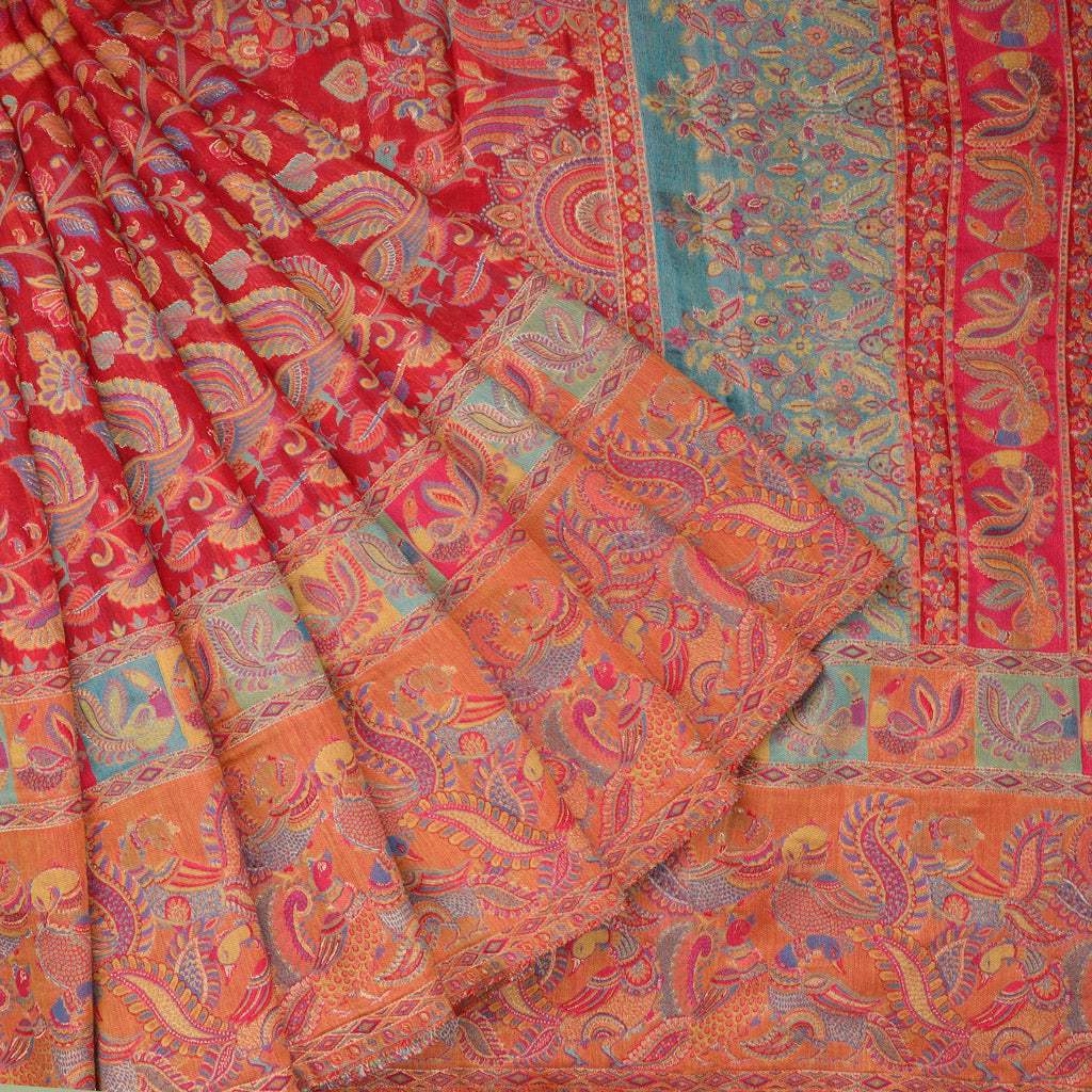 Bright Chilli Red Kani Silk Handloom Saree - Singhania's