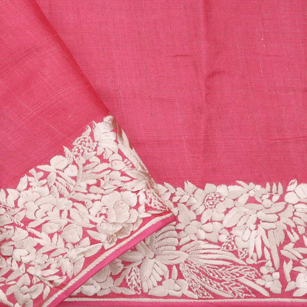 Pinkish Red Floral Printed Tussar Saree With Parsi Work - Singhania's