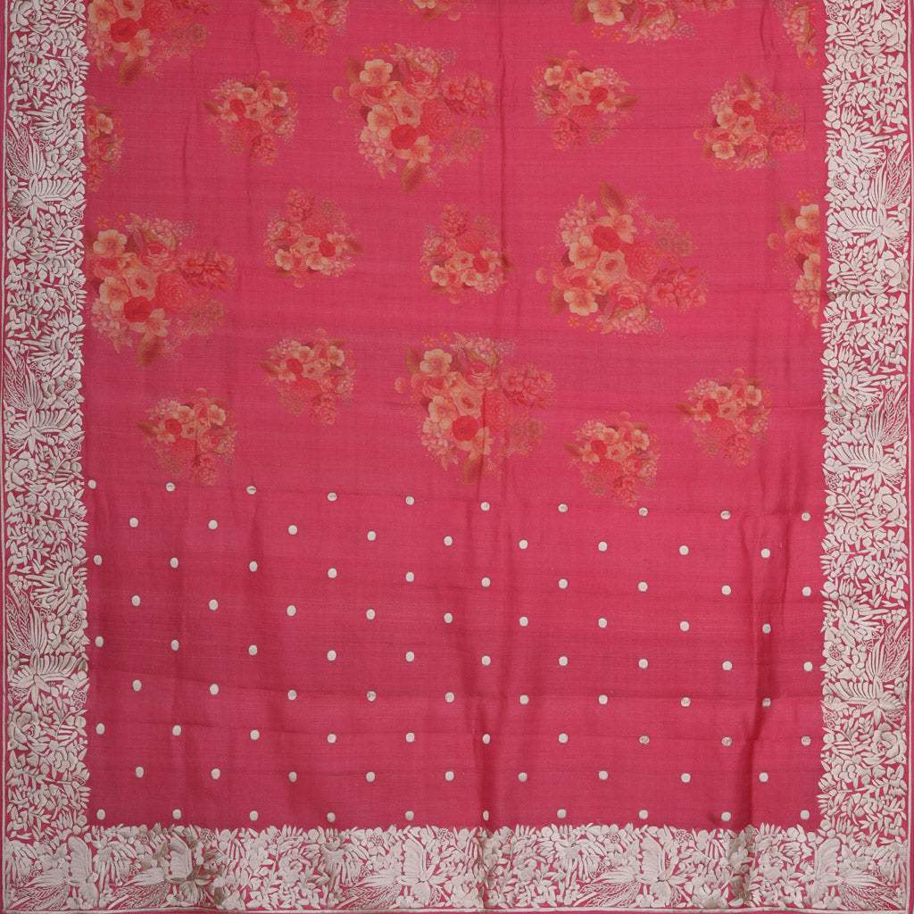 Pinkish Red Floral Printed Tussar Saree With Parsi Work - Singhania's