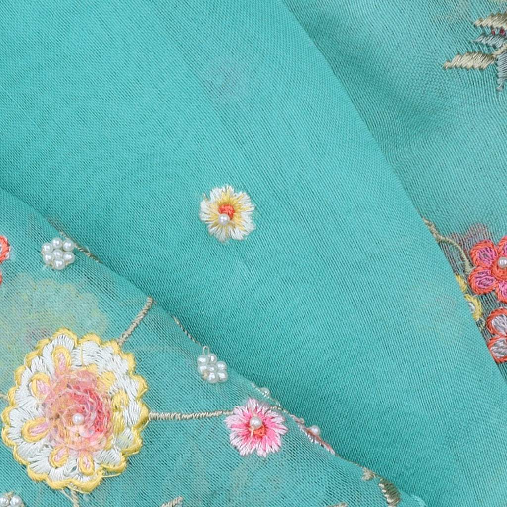 Sky Blue Floral Embroidery Organza Saree - Singhania's