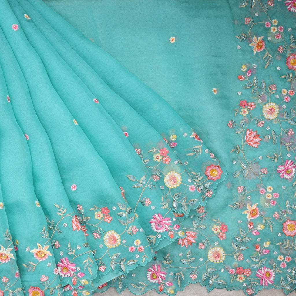 Sky Blue Floral Embroidery Organza Saree - Singhania's