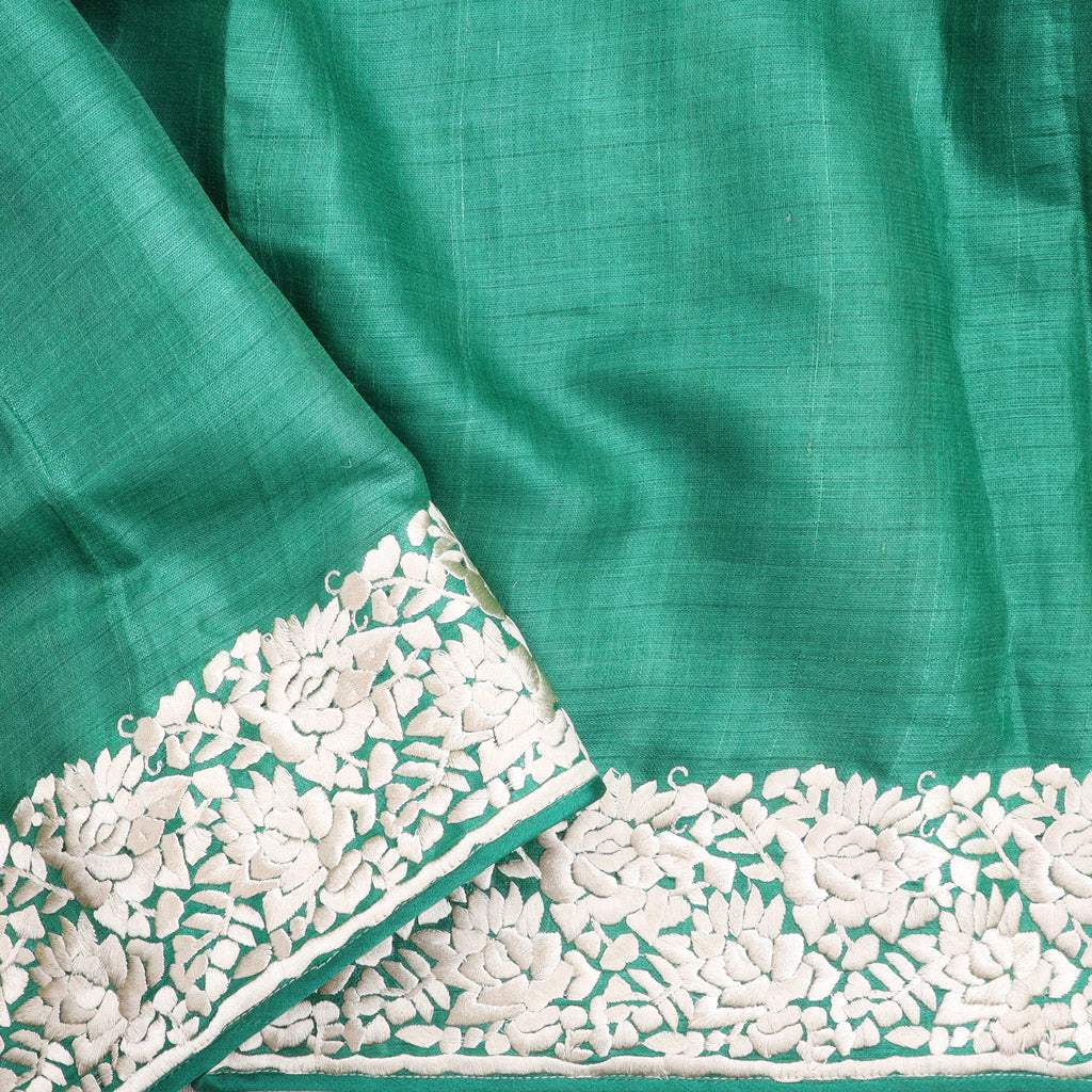 Green Tussar Embroidered Saree With Parsi Work - Singhania's