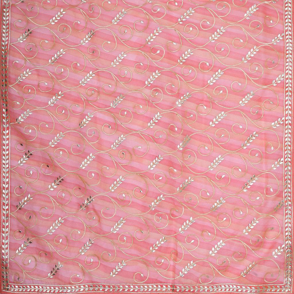 Coral Pink Printed Organza Saree With Embroidered Gota Patti - Singhania's