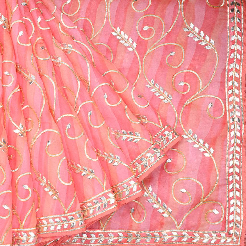 Coral Pink Printed Organza Saree With Embroidered Gota Patti - Singhania's