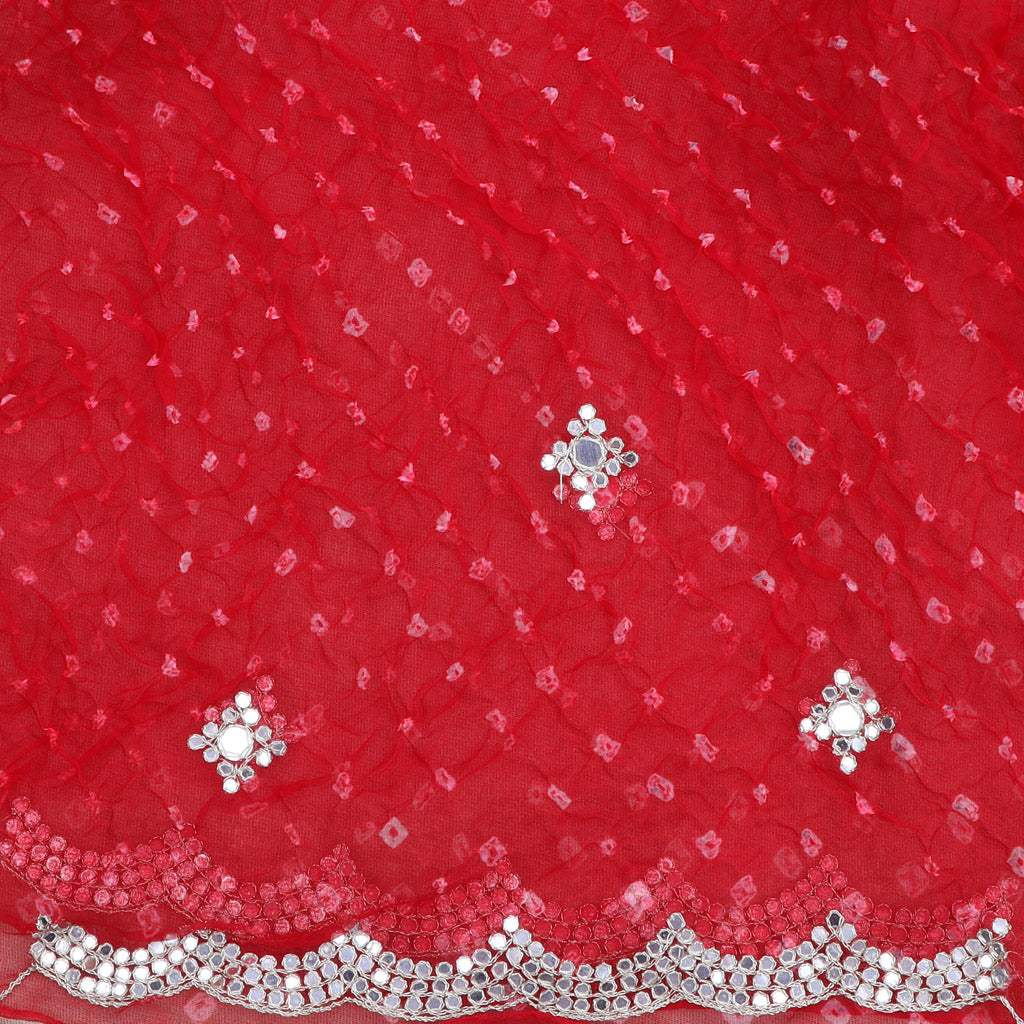 Chilli Red Bandhani Printed Organza Saree With Mirror Embroidery - Singhania's
