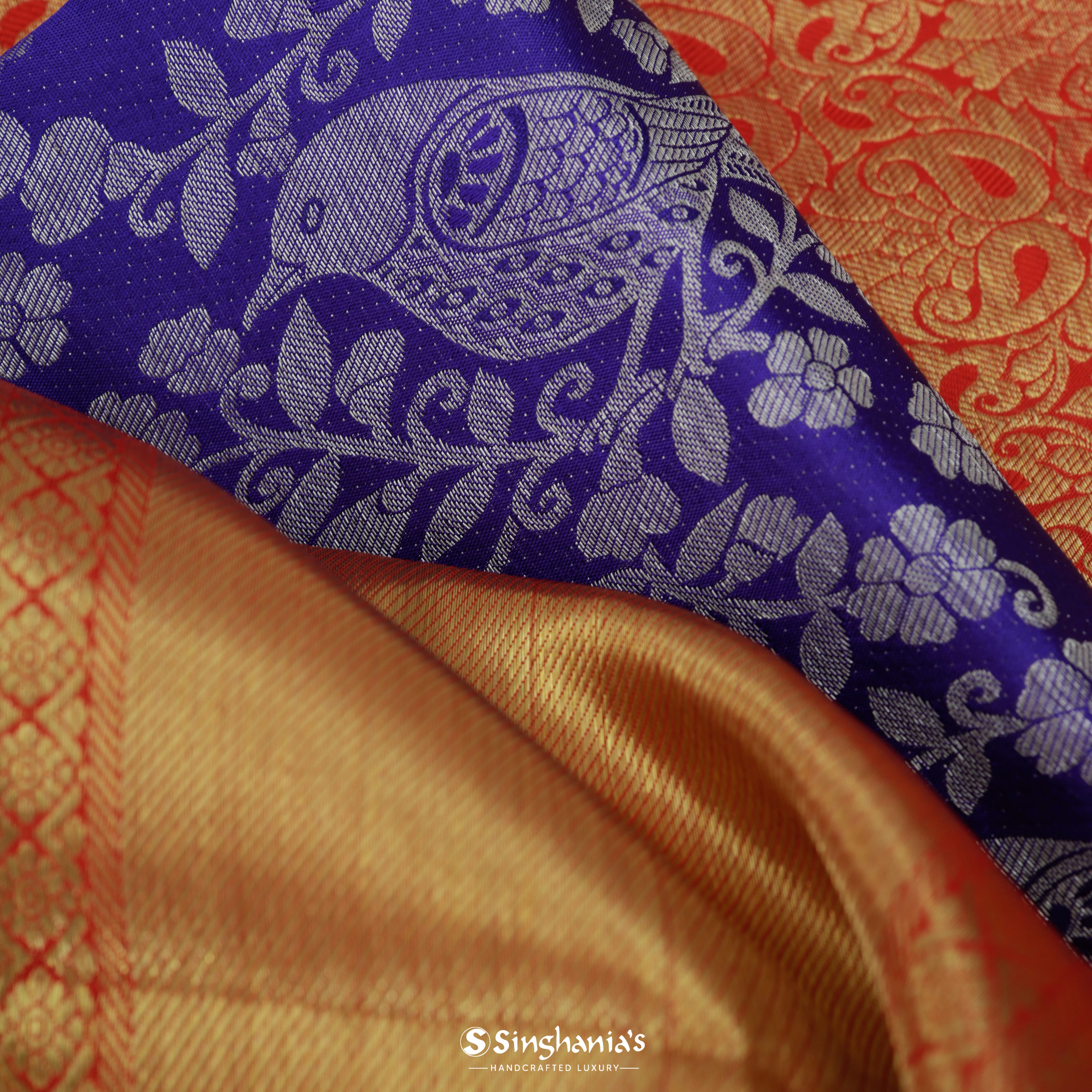 Picotee Blue Silk Kanjivaram Saree With Nature Inspired Motif Pattern