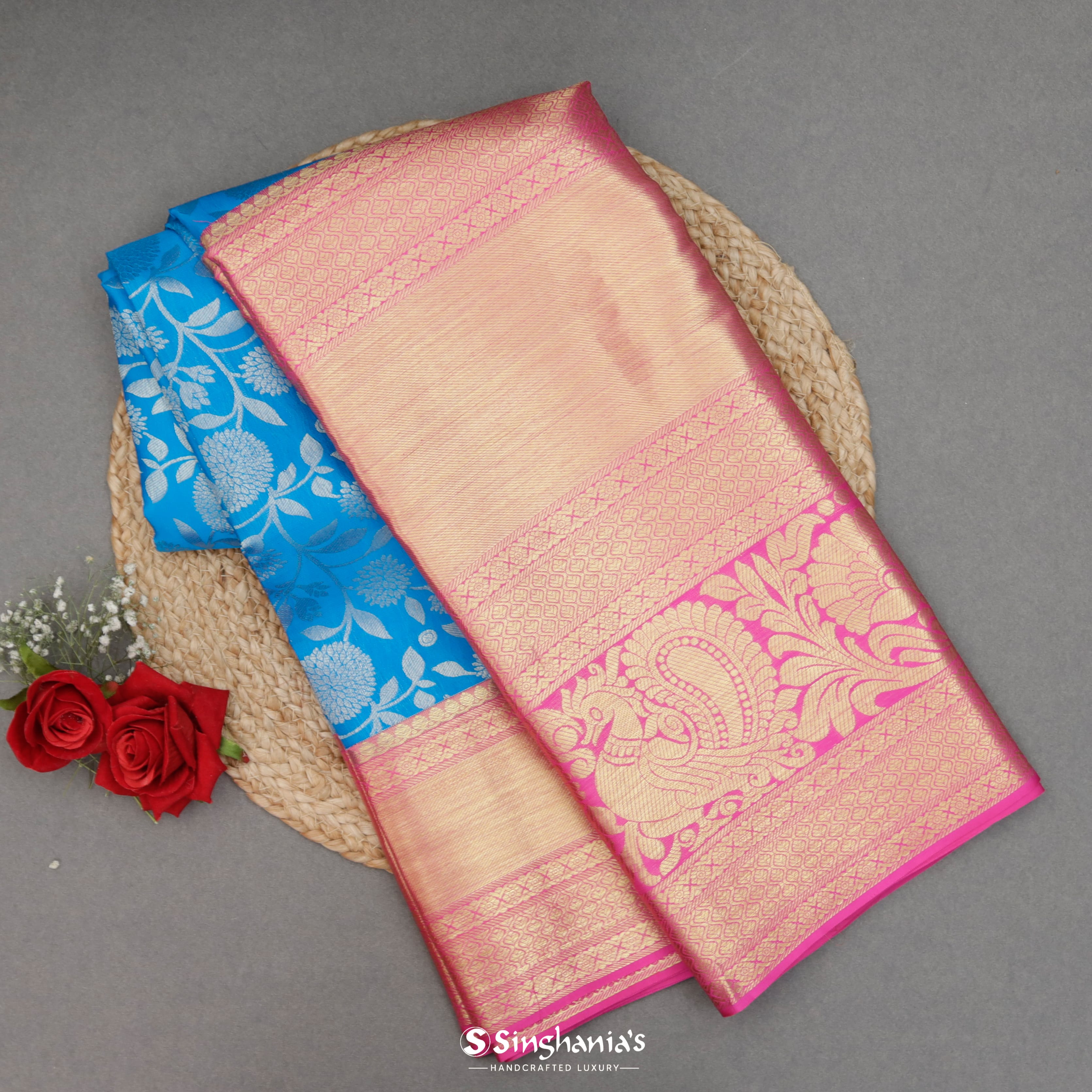 Cyan Blue Silk Kanjivaram Saree With Floral Jaal Design