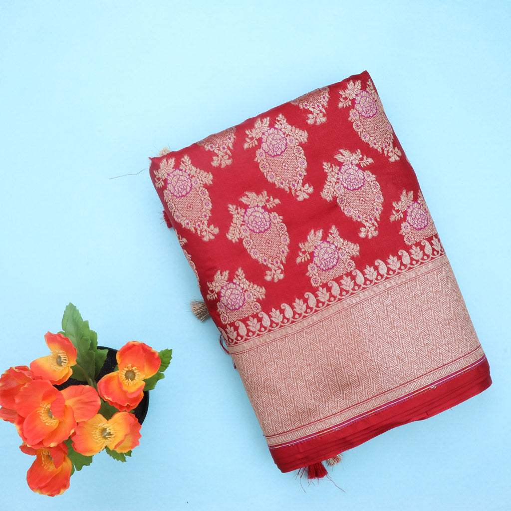 Red Banarasi Silk Handloom Saree With Floral Buttas - Singhania's