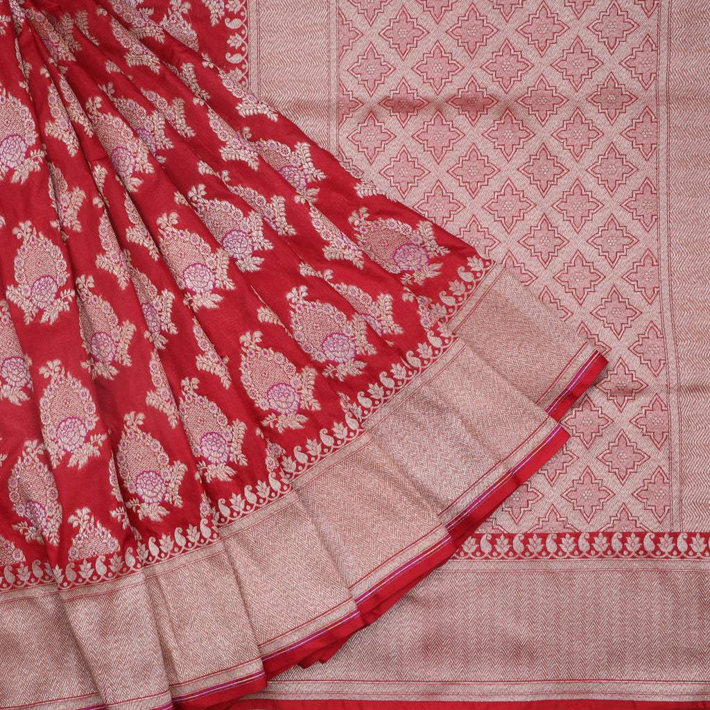 Red Banarasi Silk Handloom Saree With Floral Buttas - Singhania's