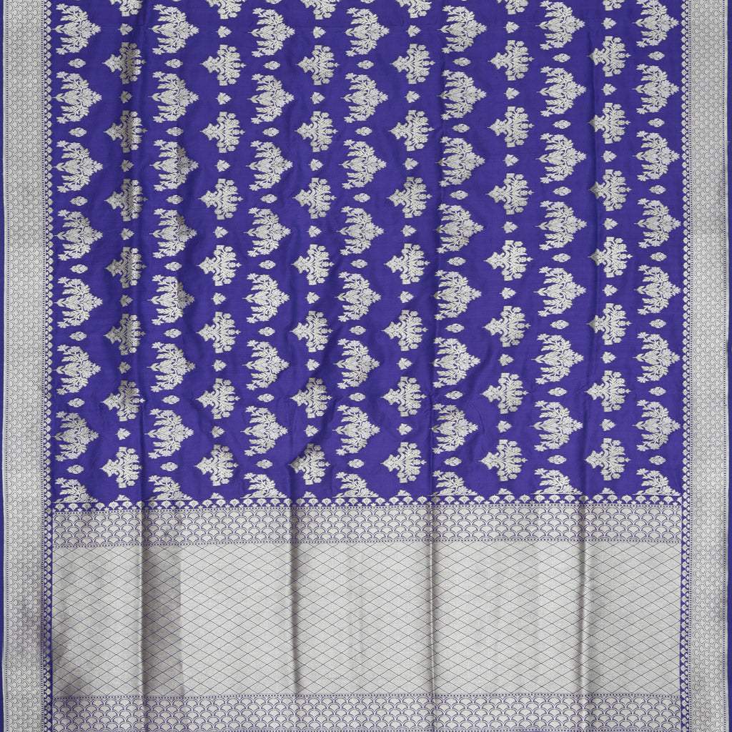 Blue Violet Banarasi Silk Handloom Saree With Floral Buttas - Singhania's