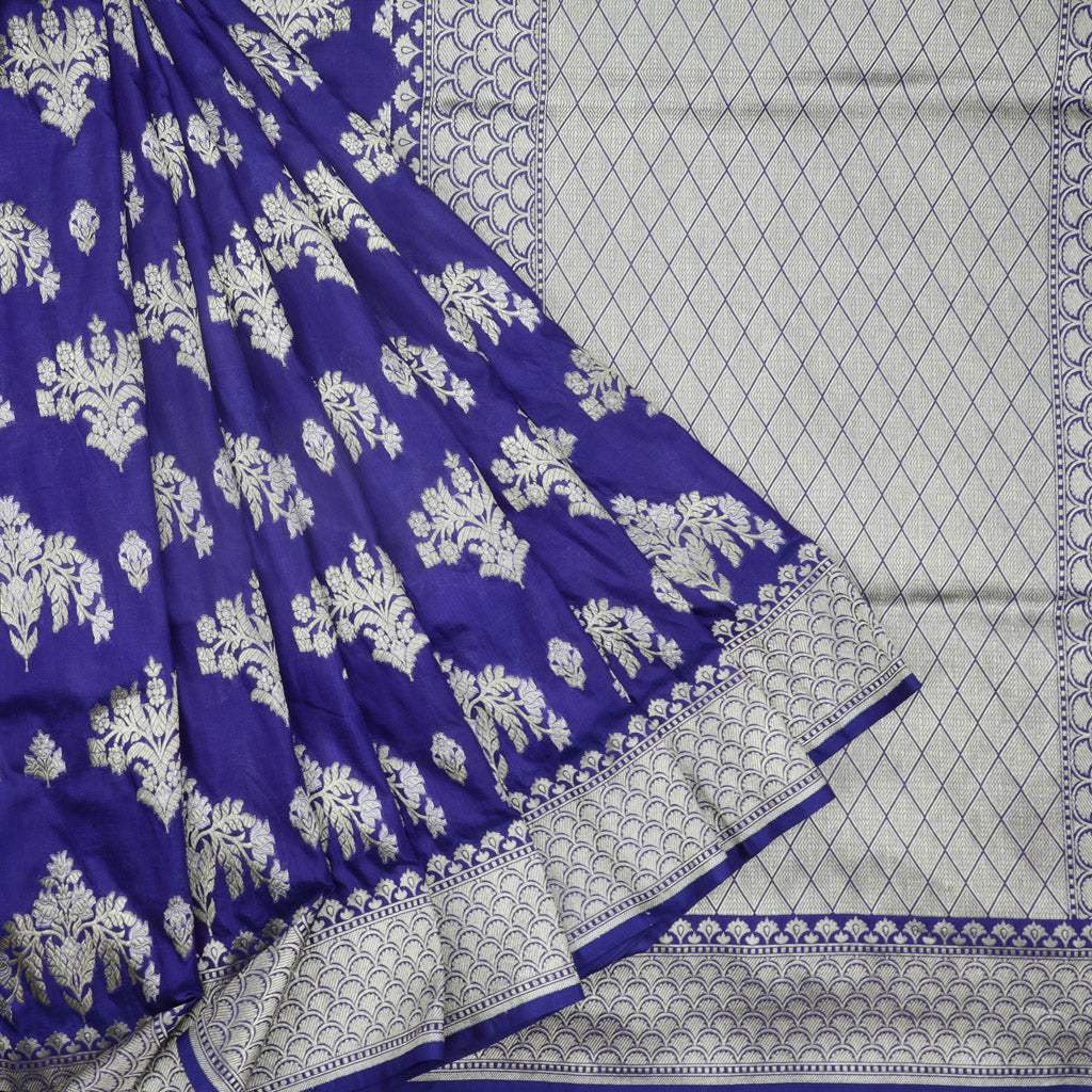 Blue Violet Banarasi Silk Handloom Saree With Floral Buttas - Singhania's