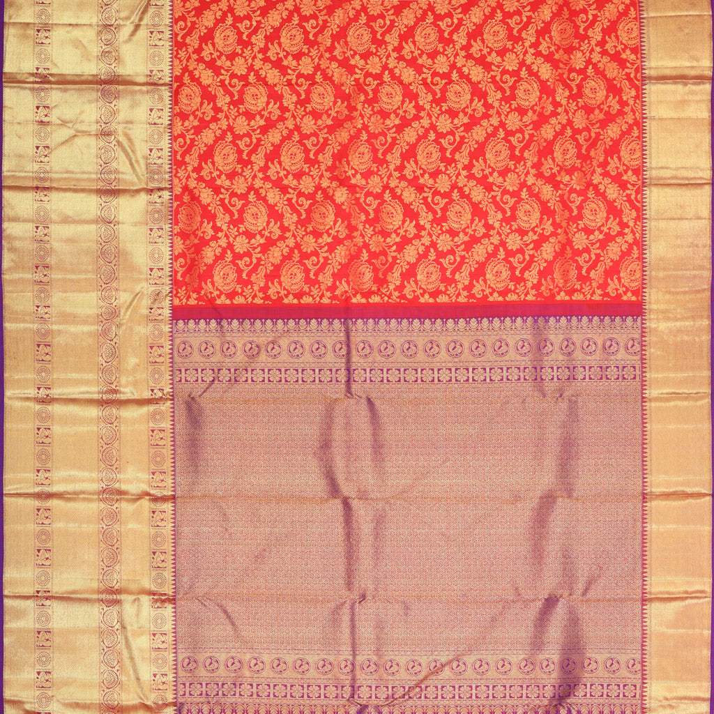 Bright Red Kanjivaram Silk With Floral Jaal Design - Singhania's