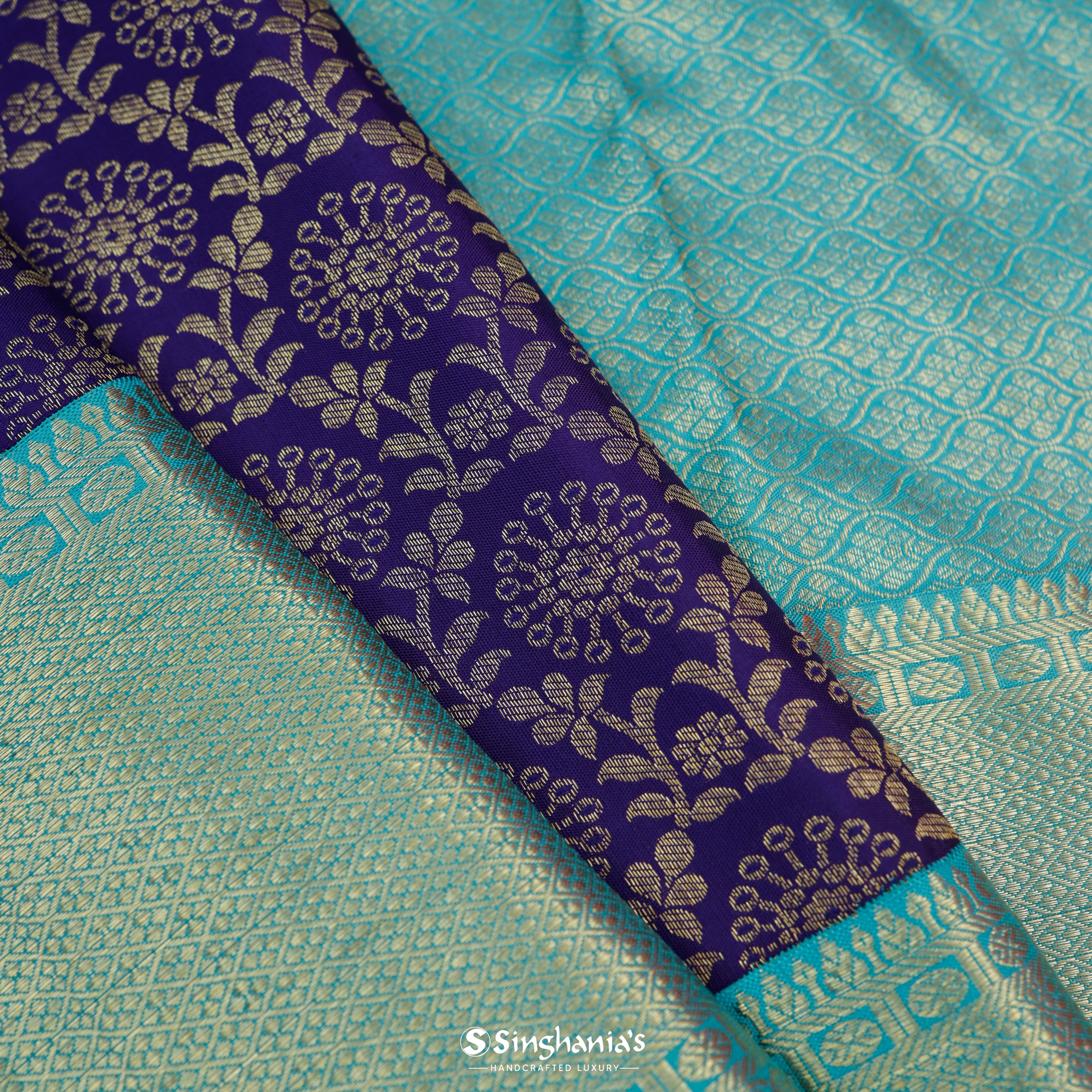 Royal Blue Silk Kanjivaram Saree With Floral Jaal Design