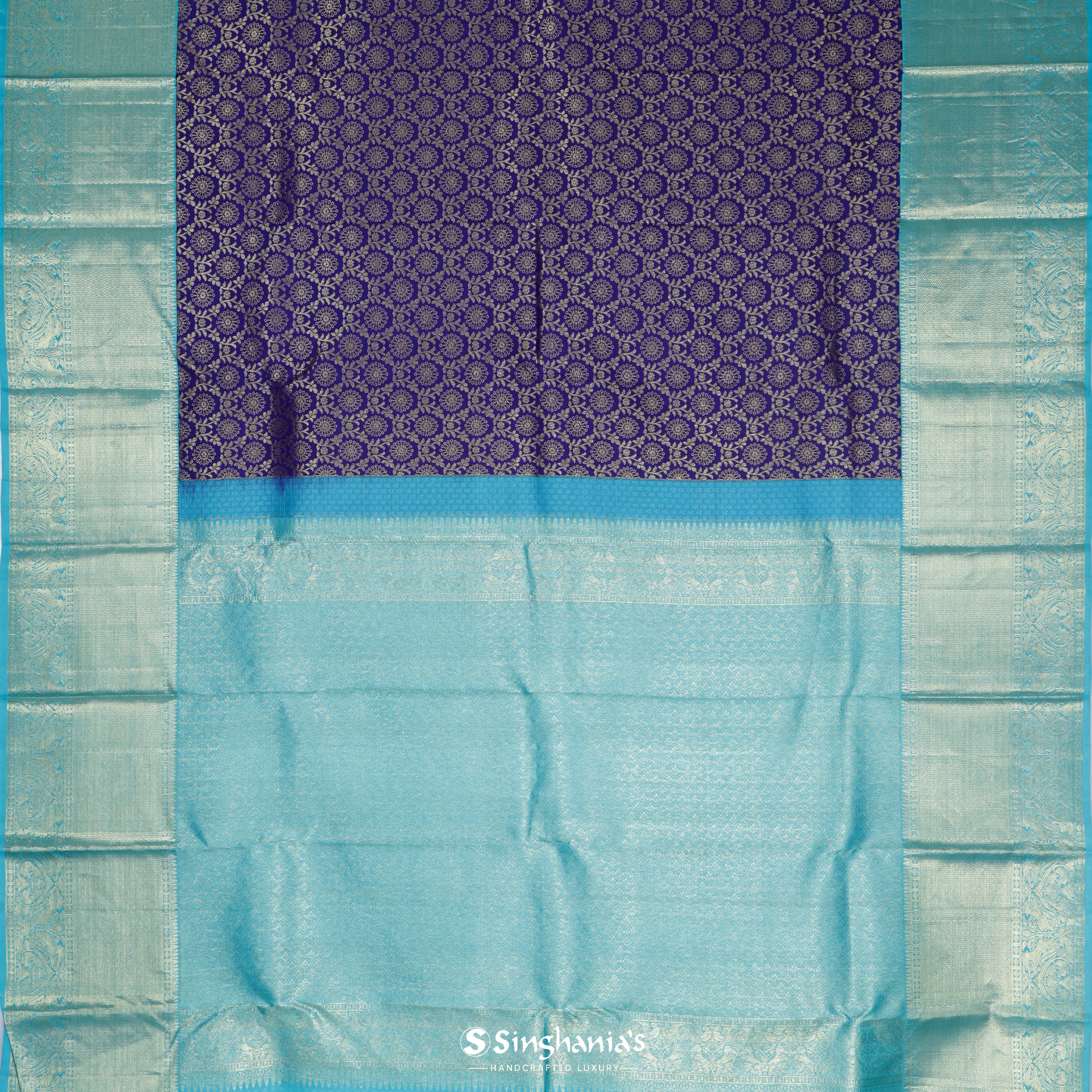 Royal Blue Silk Kanjivaram Saree With Floral Jaal Design
