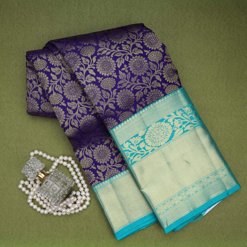 Dark Violet Kanjivaram Silk Saree With Floral Jaal Design - Singhania's