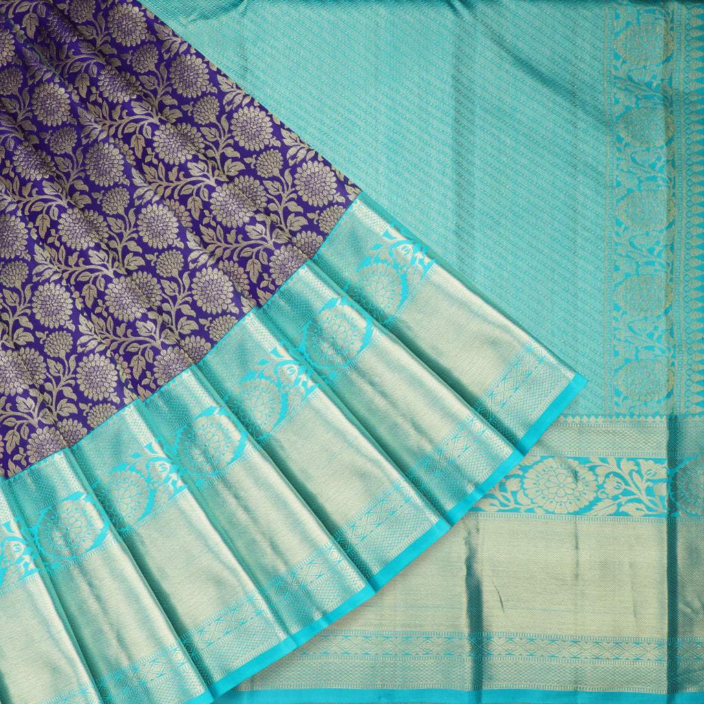 Dark Violet Kanjivaram Silk Saree With Floral Jaal Design - Singhania's