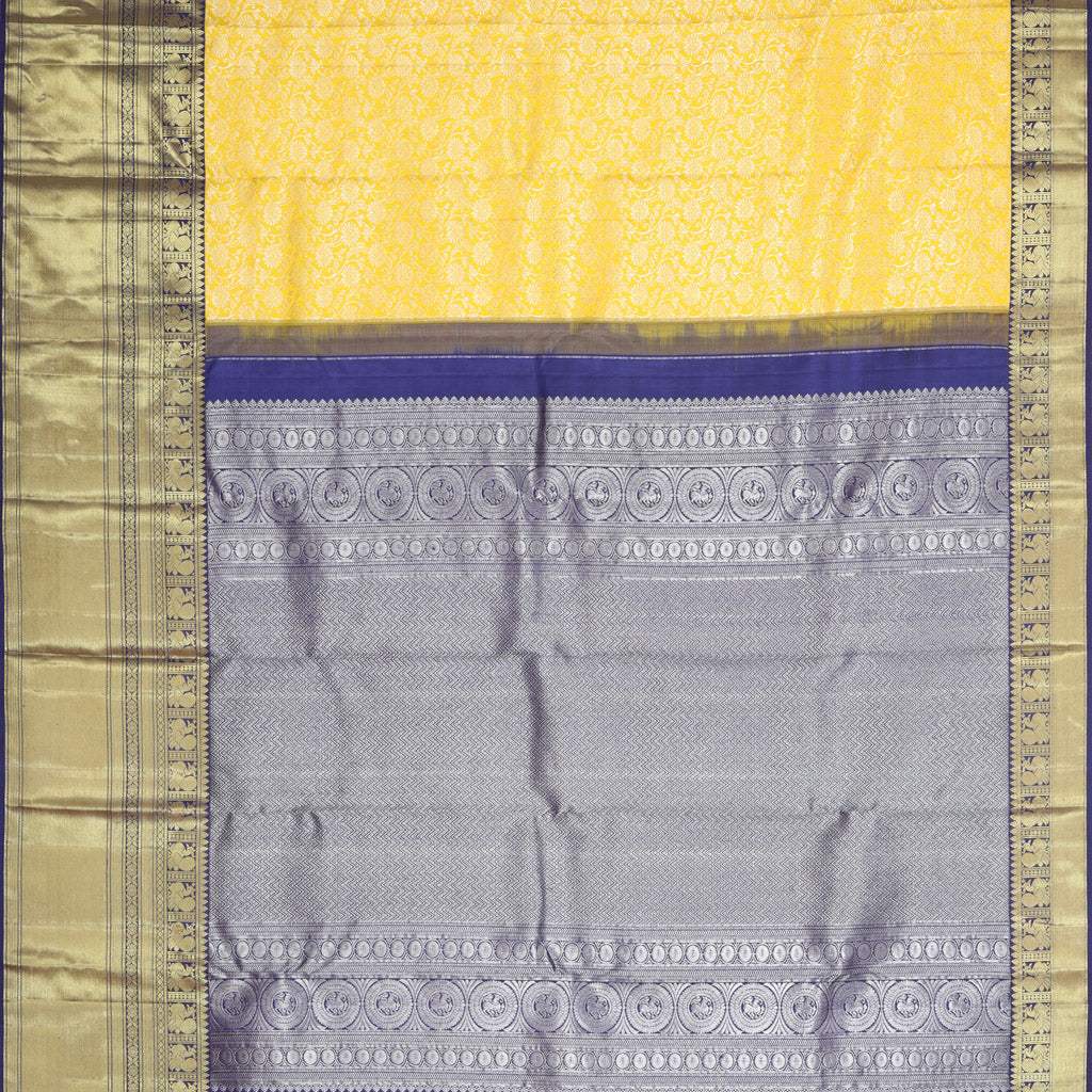 Sunshine Yellow Kanjivaram Silk Saree With Floral Jaal Design - Singhania's