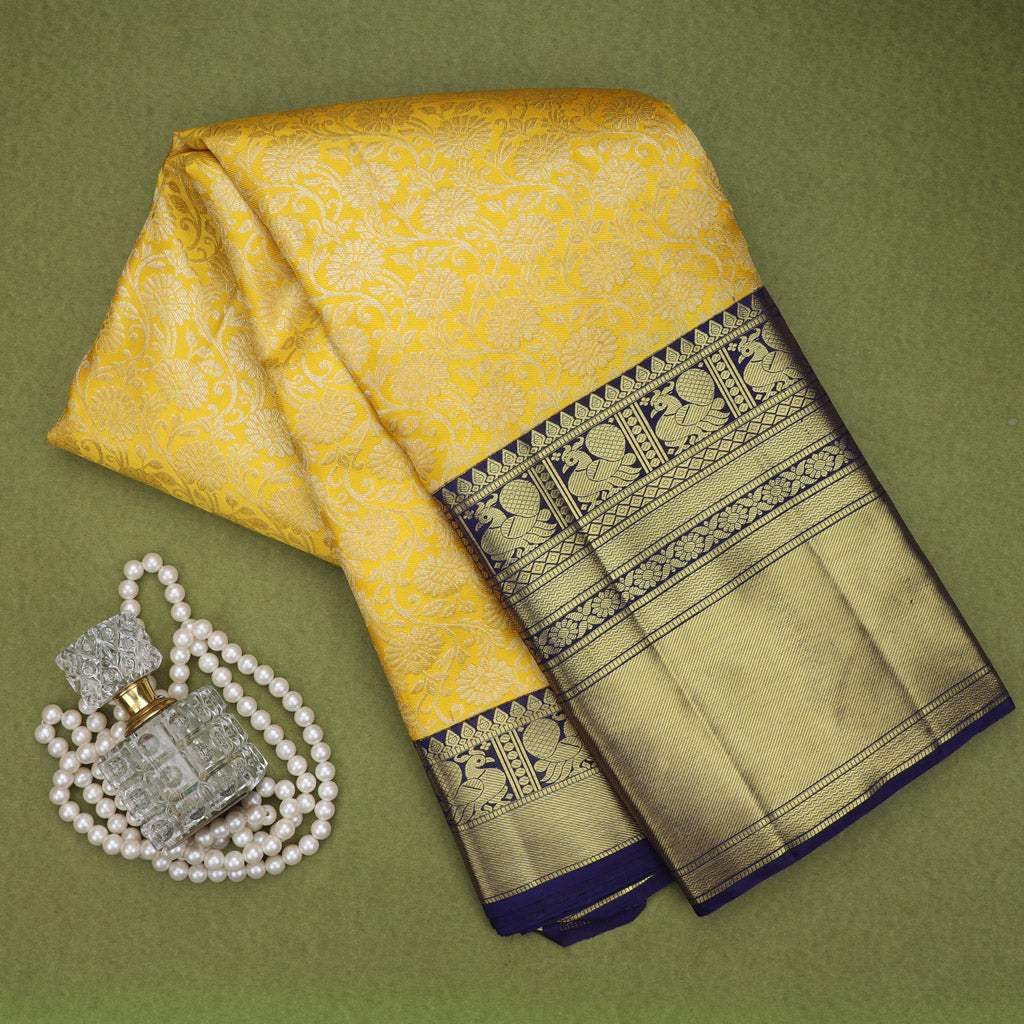 Sunshine Yellow Kanjivaram Silk Saree With Floral Jaal Design - Singhania's