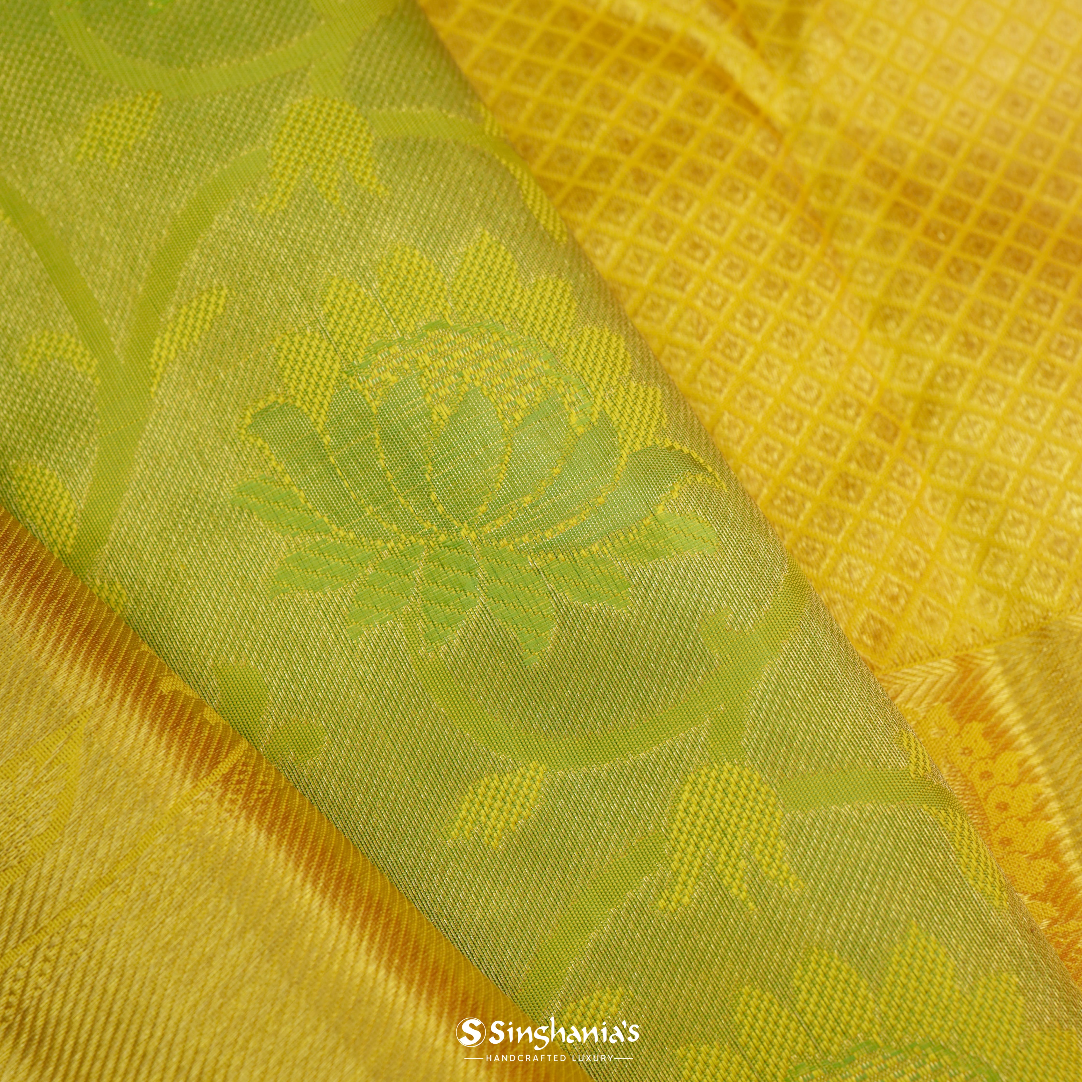 Leaf Green Silk Printed Saree With Floral Creeper Pattern